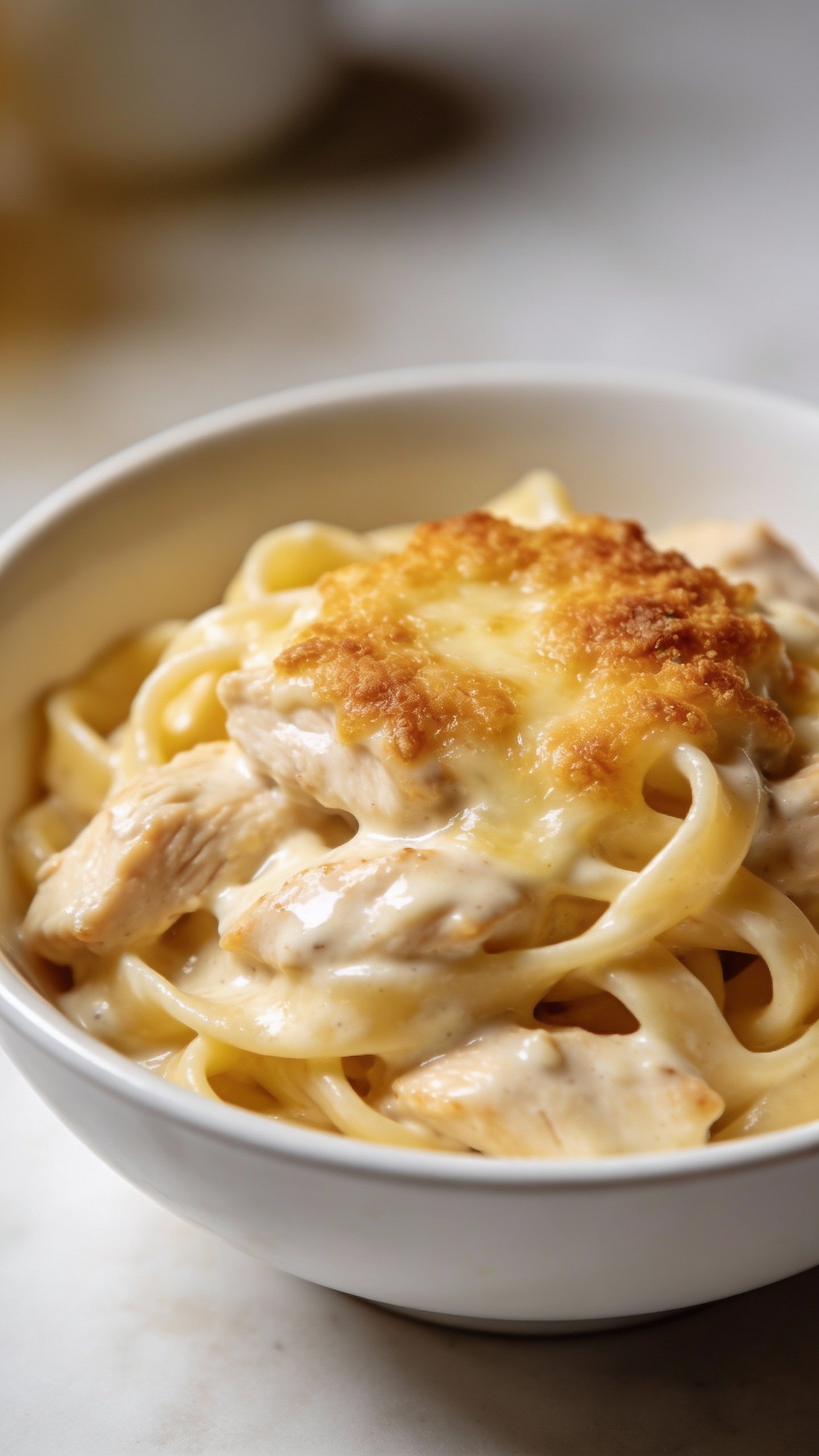 single white bowl of creamy chicken alfredo pasta, golden crust