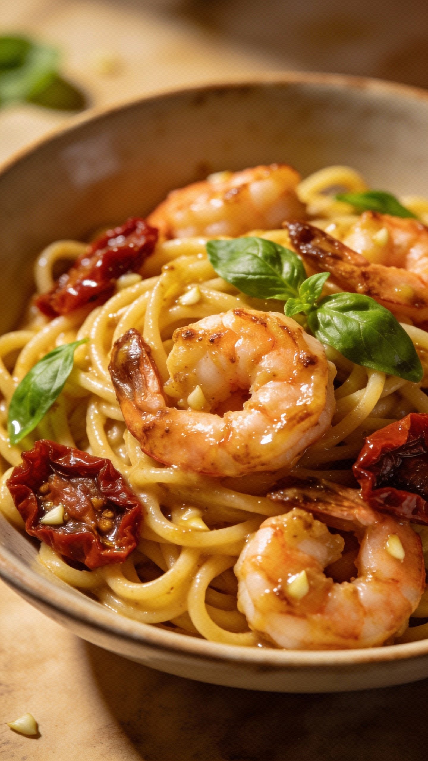 closeup bowl of Tuscan garlic shrimp pasta with sun-dried tomatoes