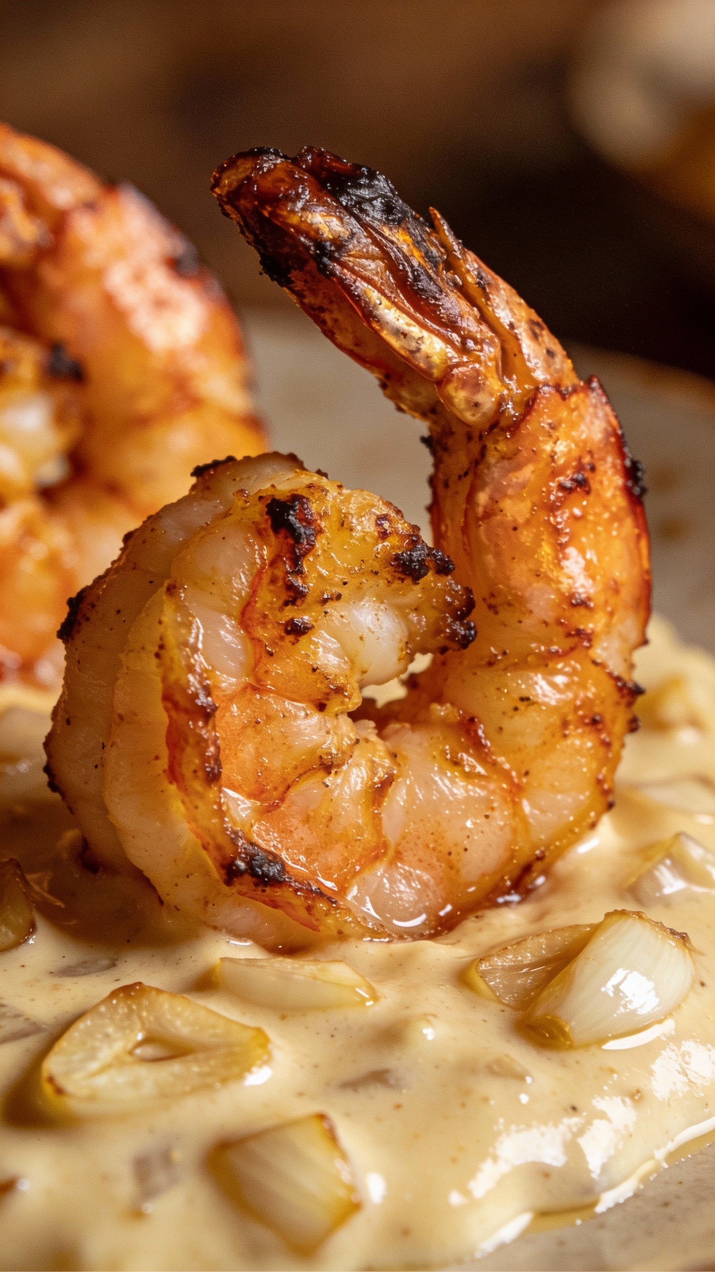seared jumbo shrimp on creamy garlic sauce, macro shot