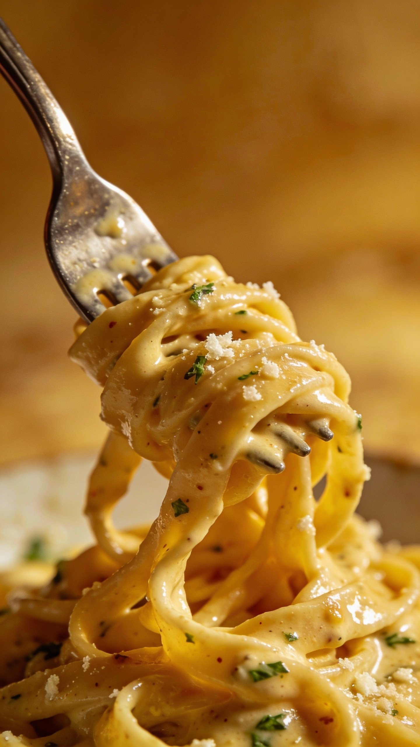 fork twirl of fettuccine in creamy Tuscan sauce, tight closeup