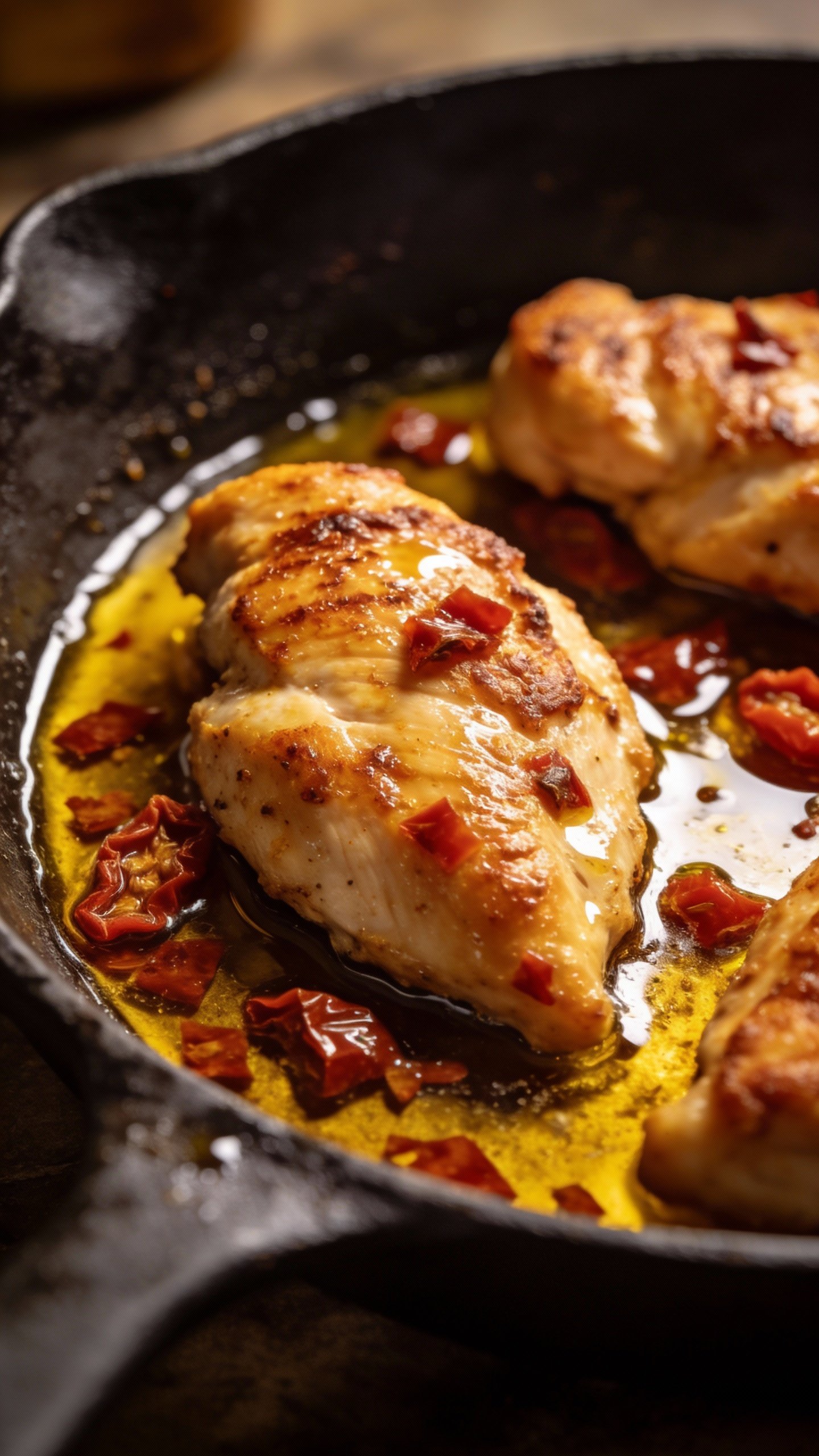 sautéed chicken breast in sun-dried tomato oil, cast-iron closeup