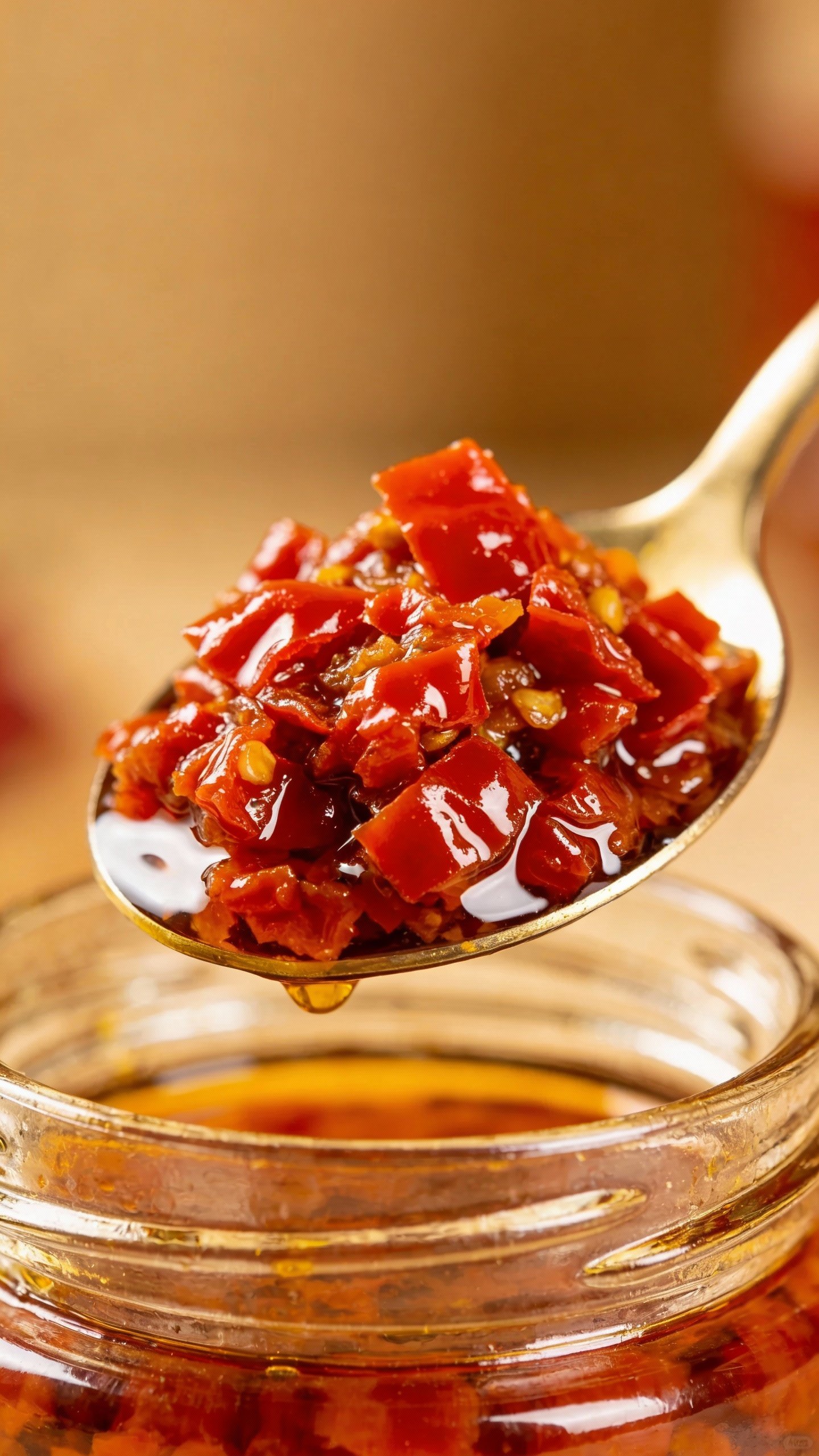 spoonful of chopped oil-packed sun-dried tomatoes, glossy jar rim