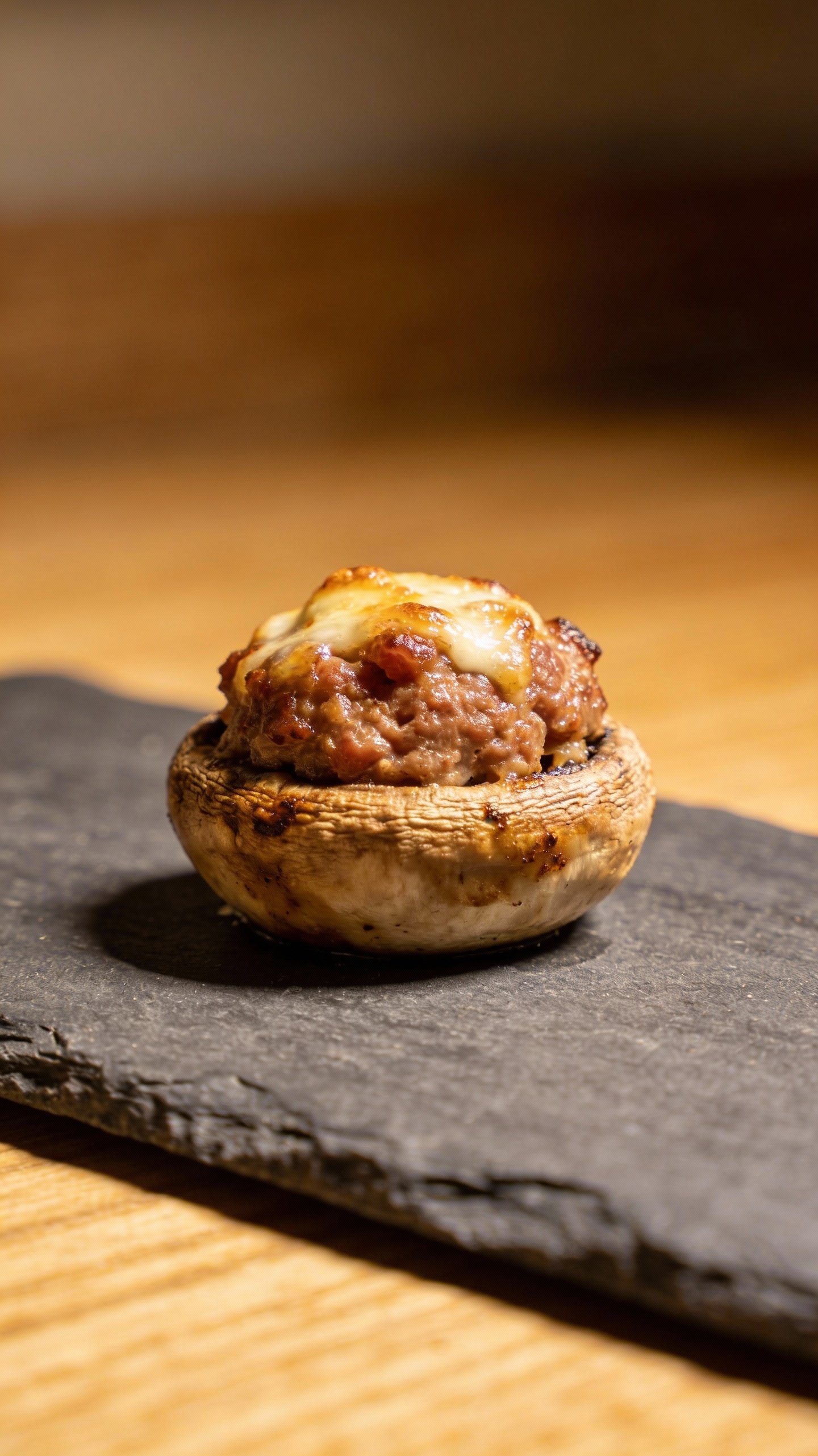 closeup of a single Italian sausage stuffed mushroom on slate