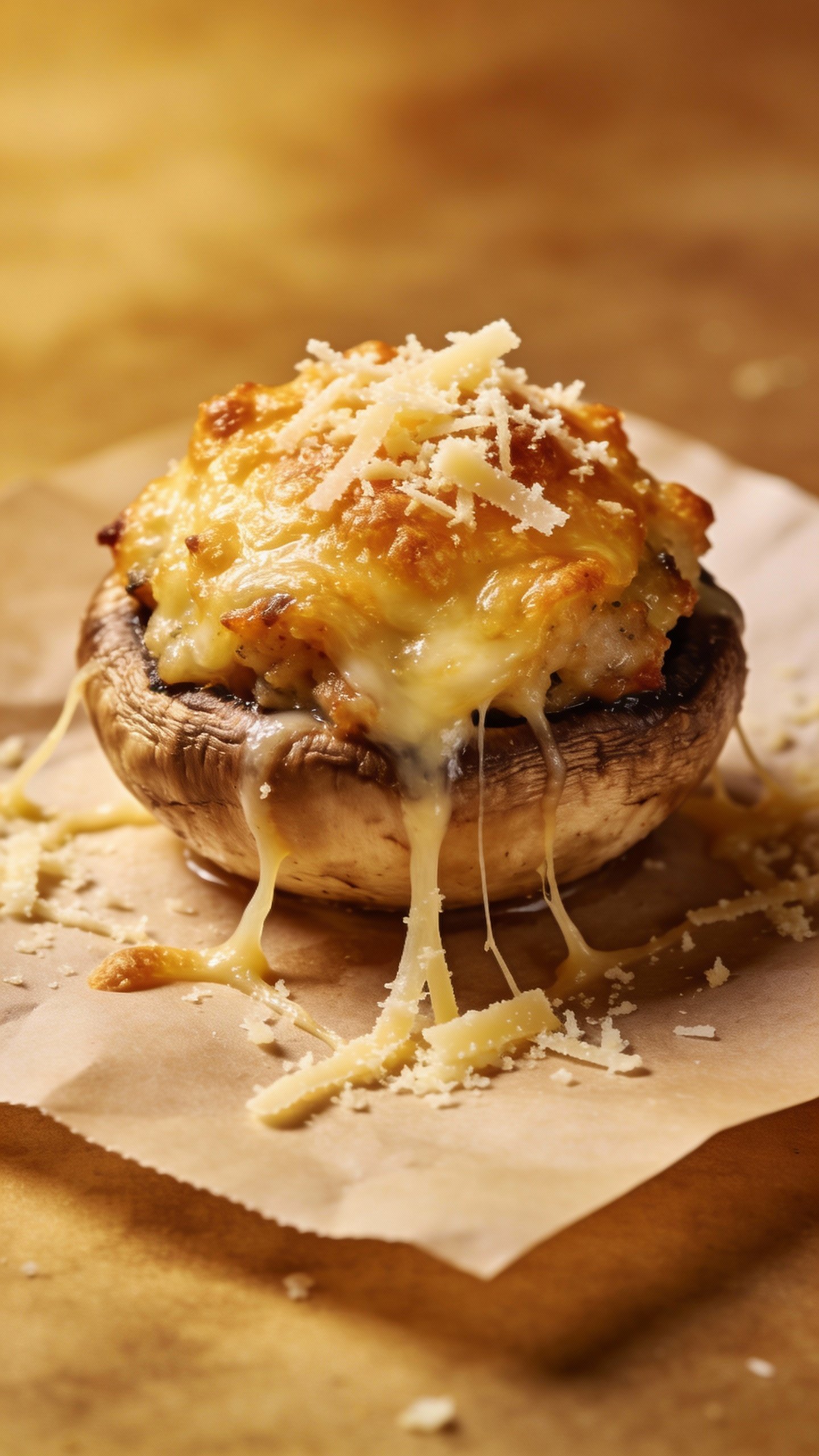 golden-topped stuffed mushroom on parchment, melted parmesan strands