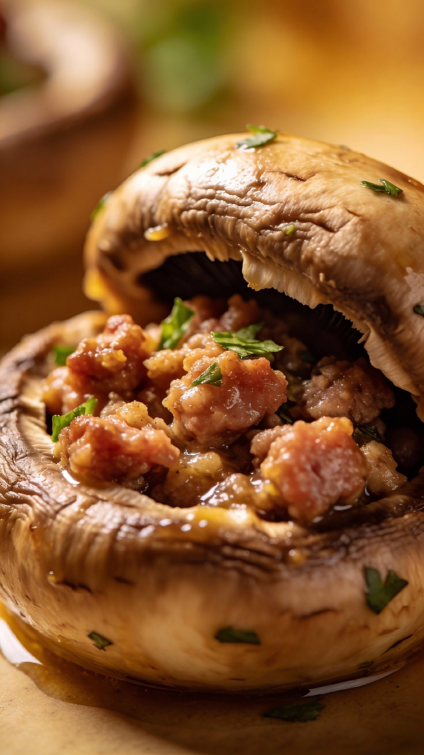 cremini cap stuffed with sausage and herbs, shallow depth of field