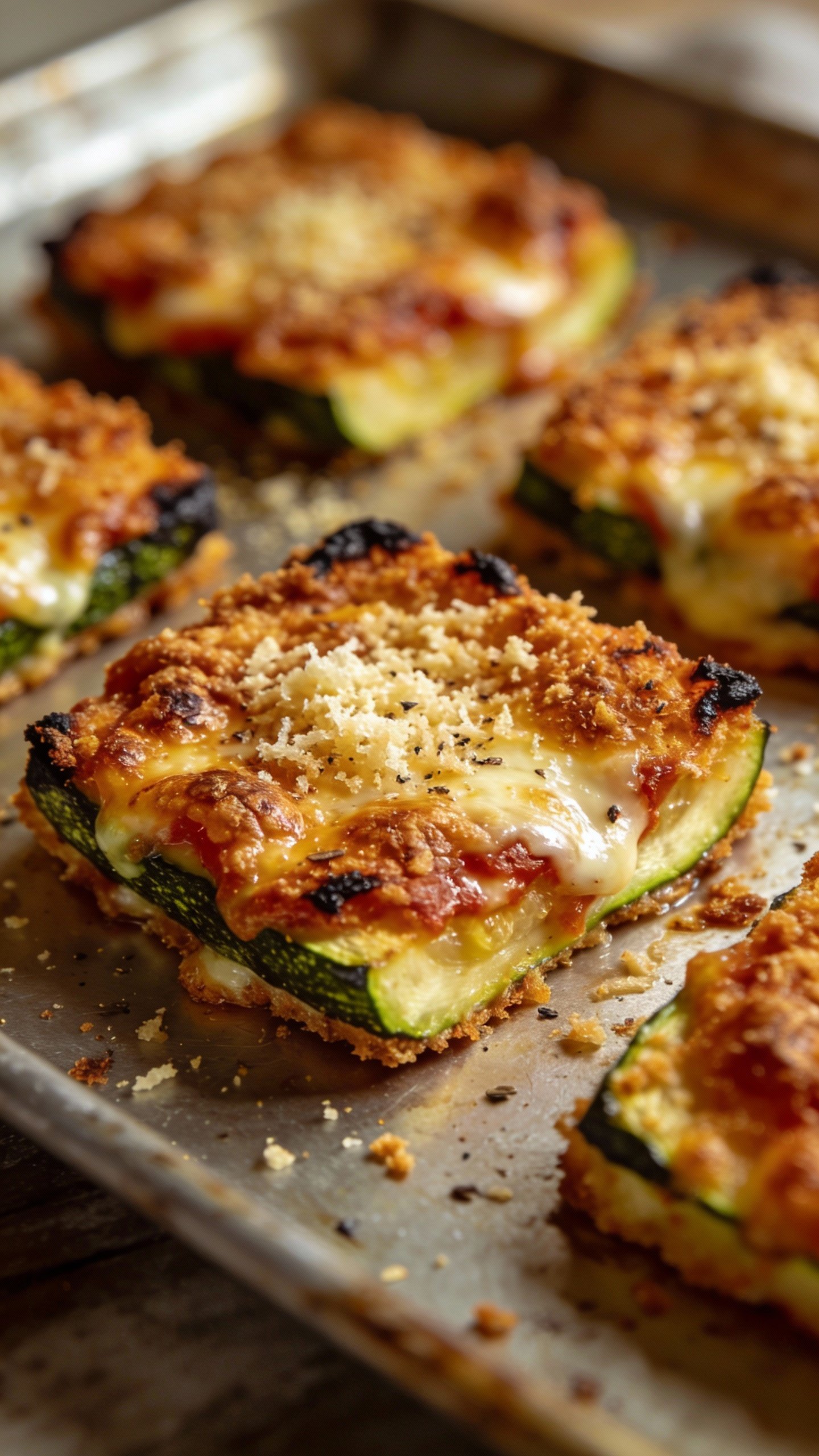 closeup of crispy baked zucchini parmesan slice on sheet pan