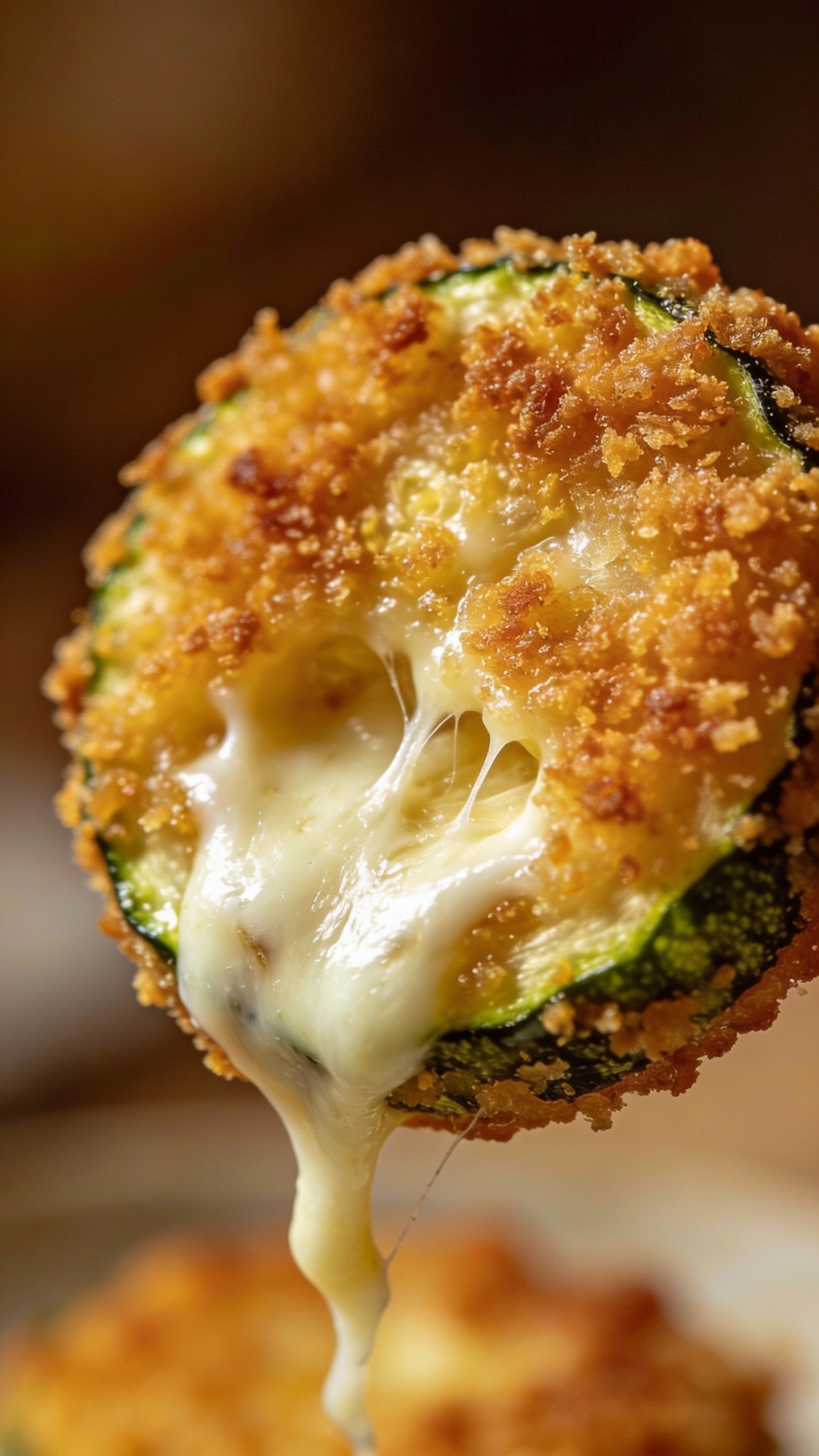 single breaded zucchini round with melted mozzarella, macro shot