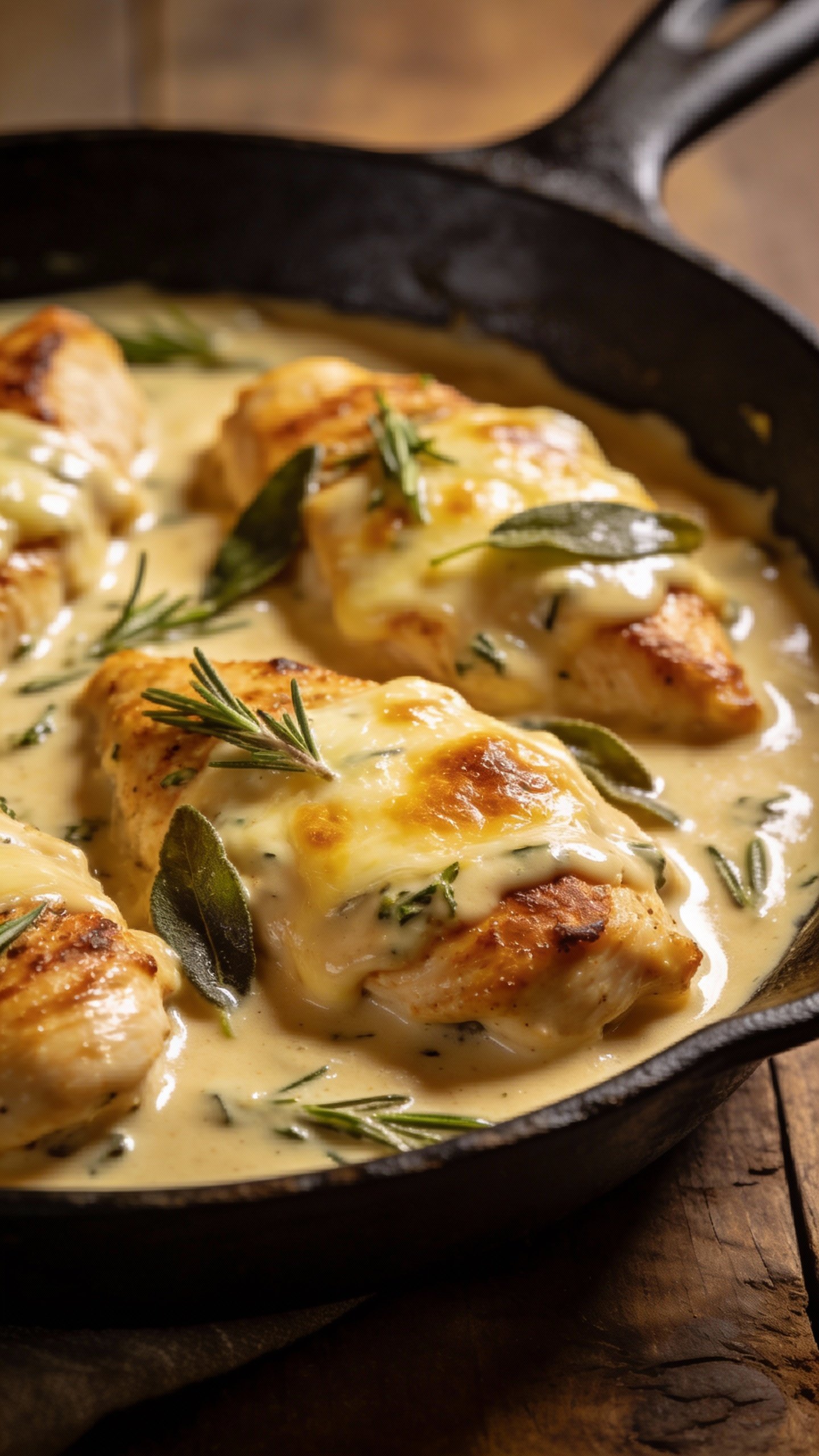 closeup skillet of Tuscan chicken in creamy sauce