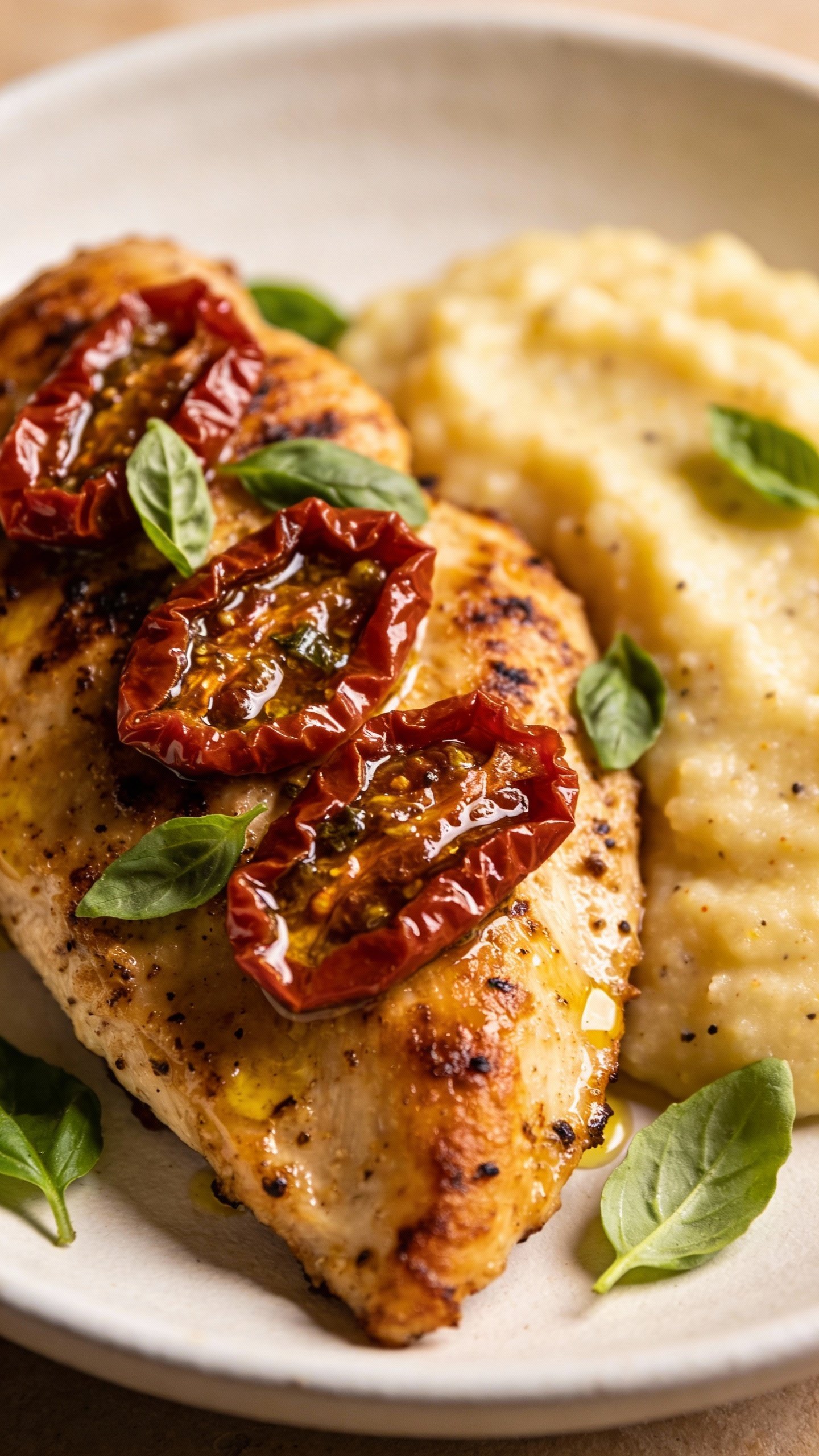 single plated Tuscan chicken with sun-dried tomatoes