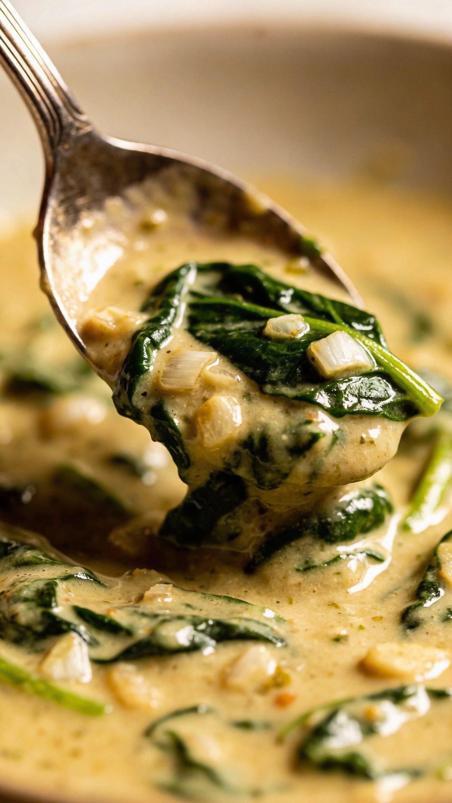 spoonful of creamy Tuscan sauce with spinach and garlic