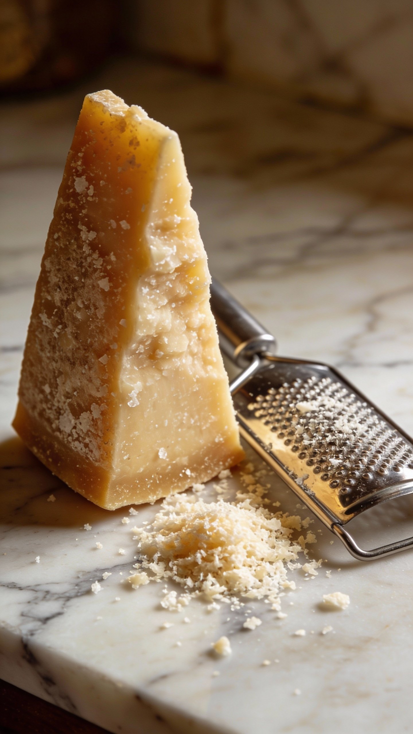 wedge of Parmigiano Reggiano with fine grater, crumbs on marble