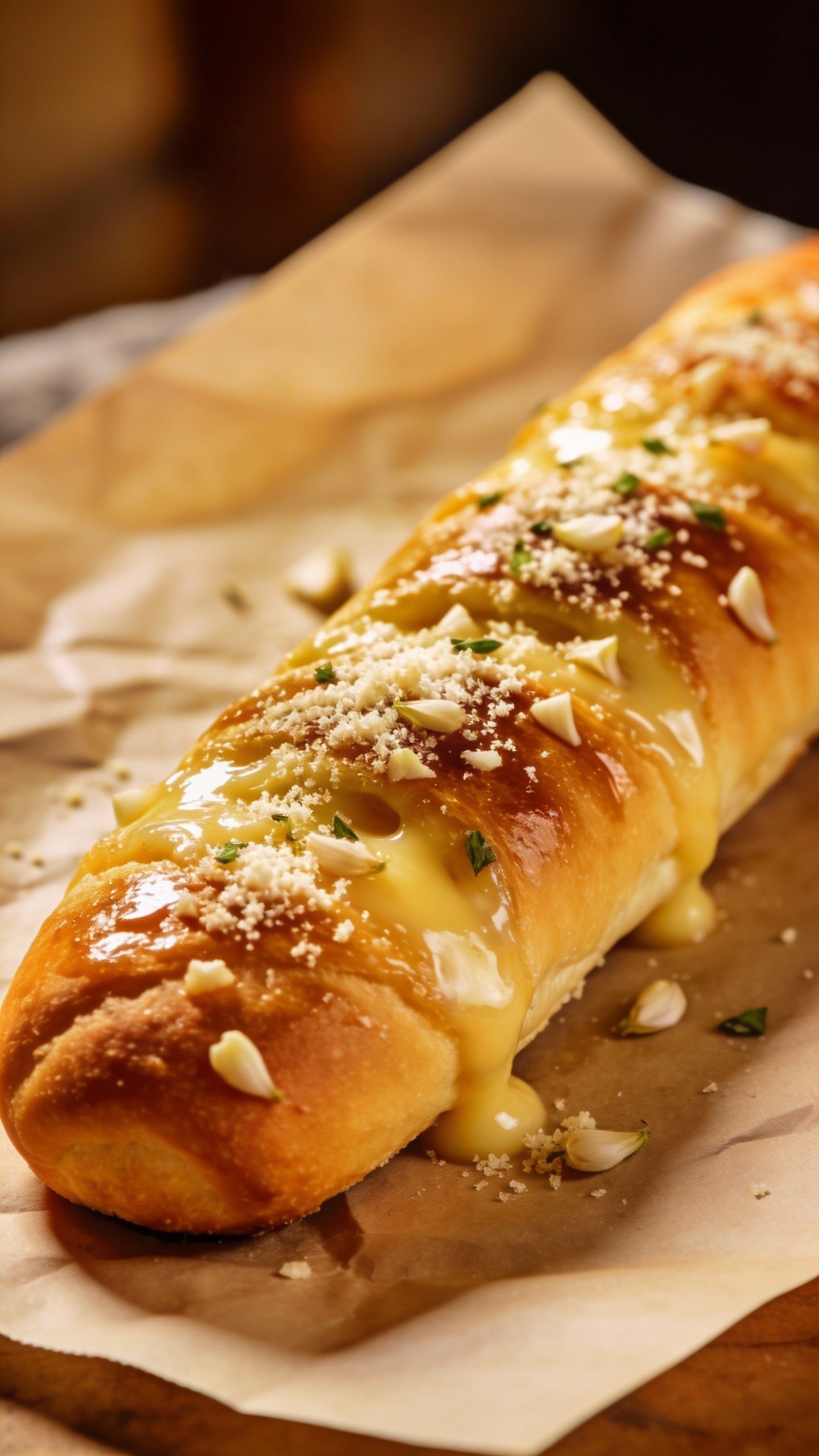 closeup golden garlic parmesan breadstick on parchment, buttery glaze