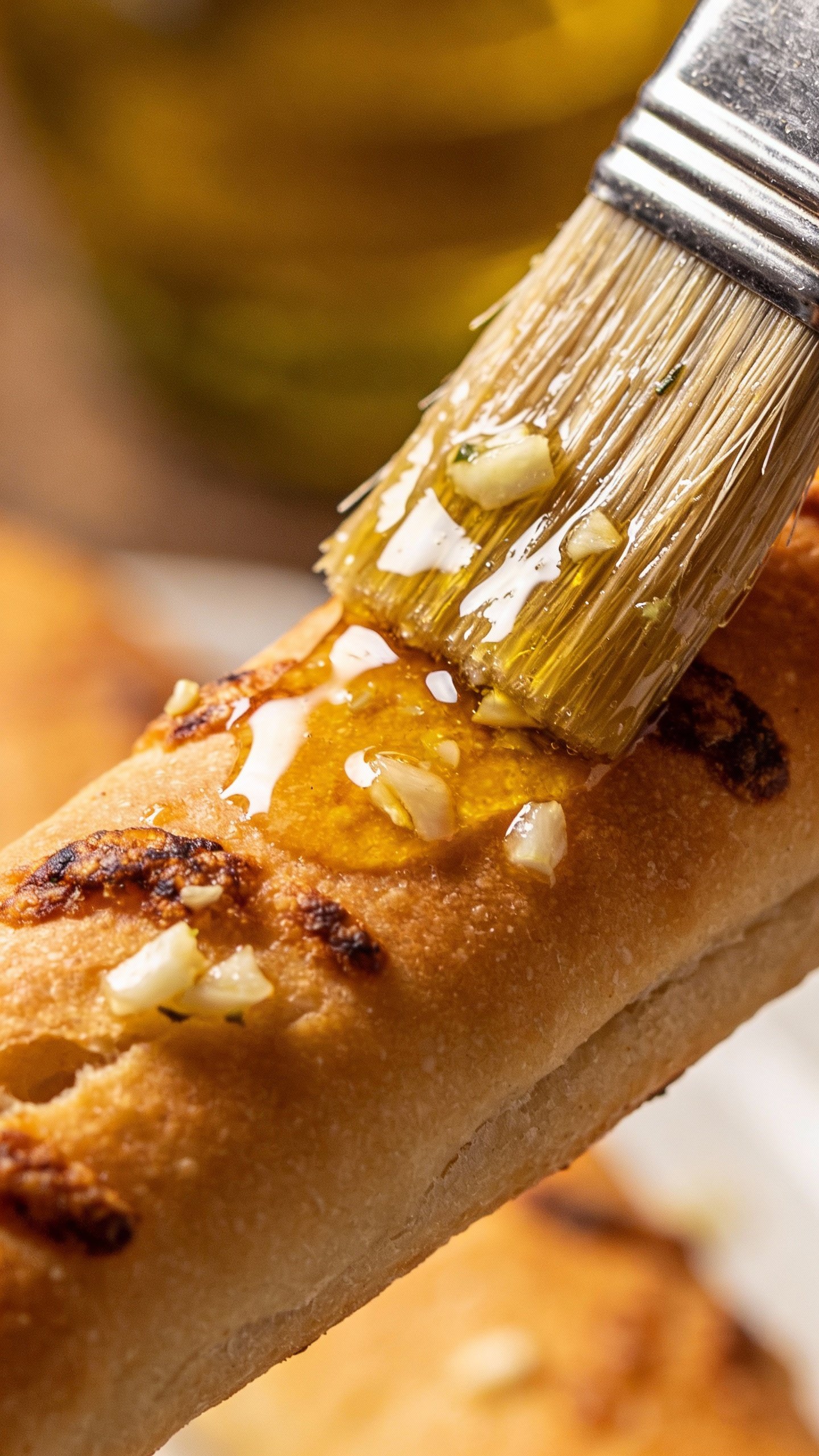 single breadstick being brushed with garlic butter, macro detail