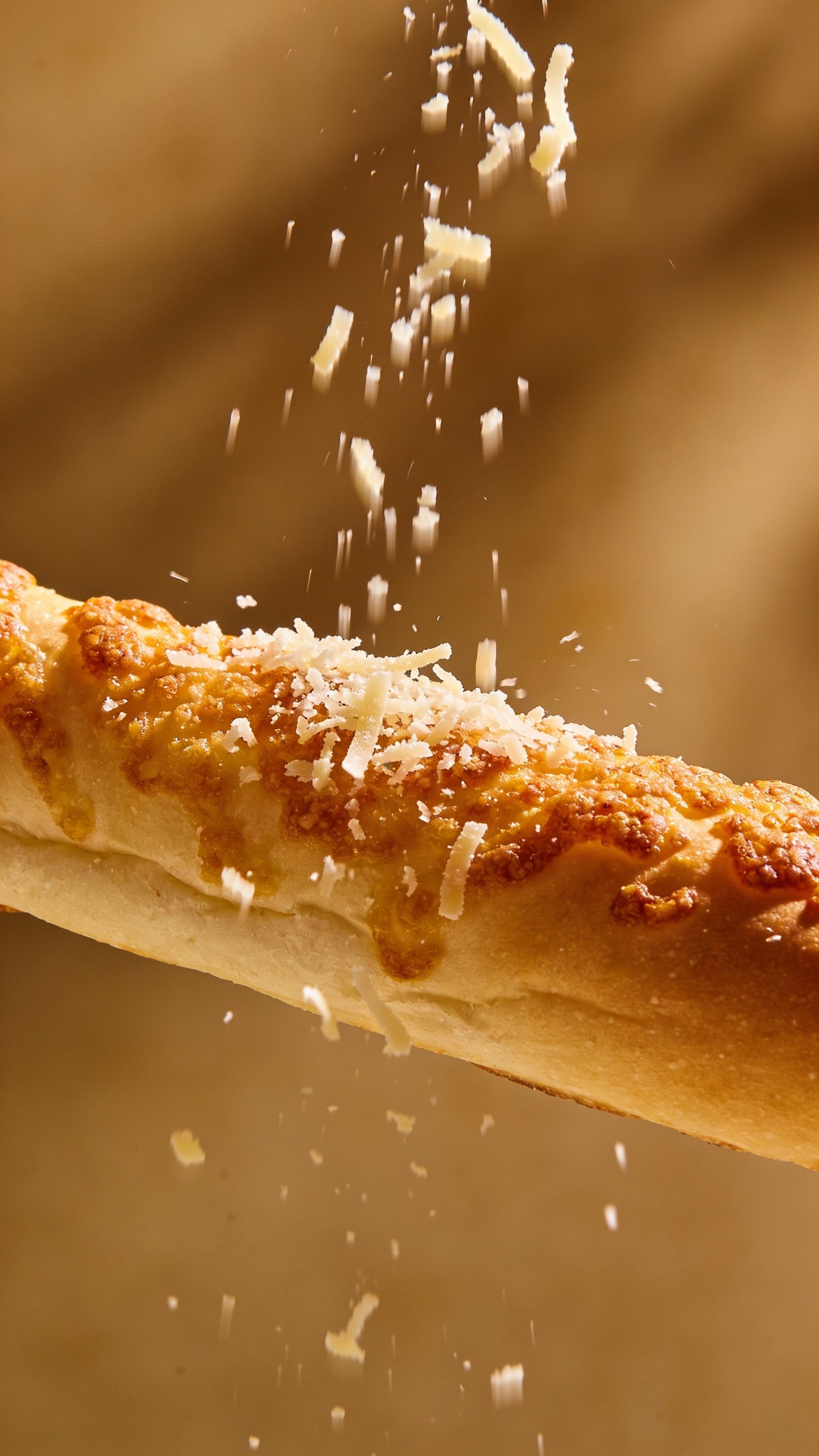 grated parmesan falling onto one warm breadstick, shallow depth of field
