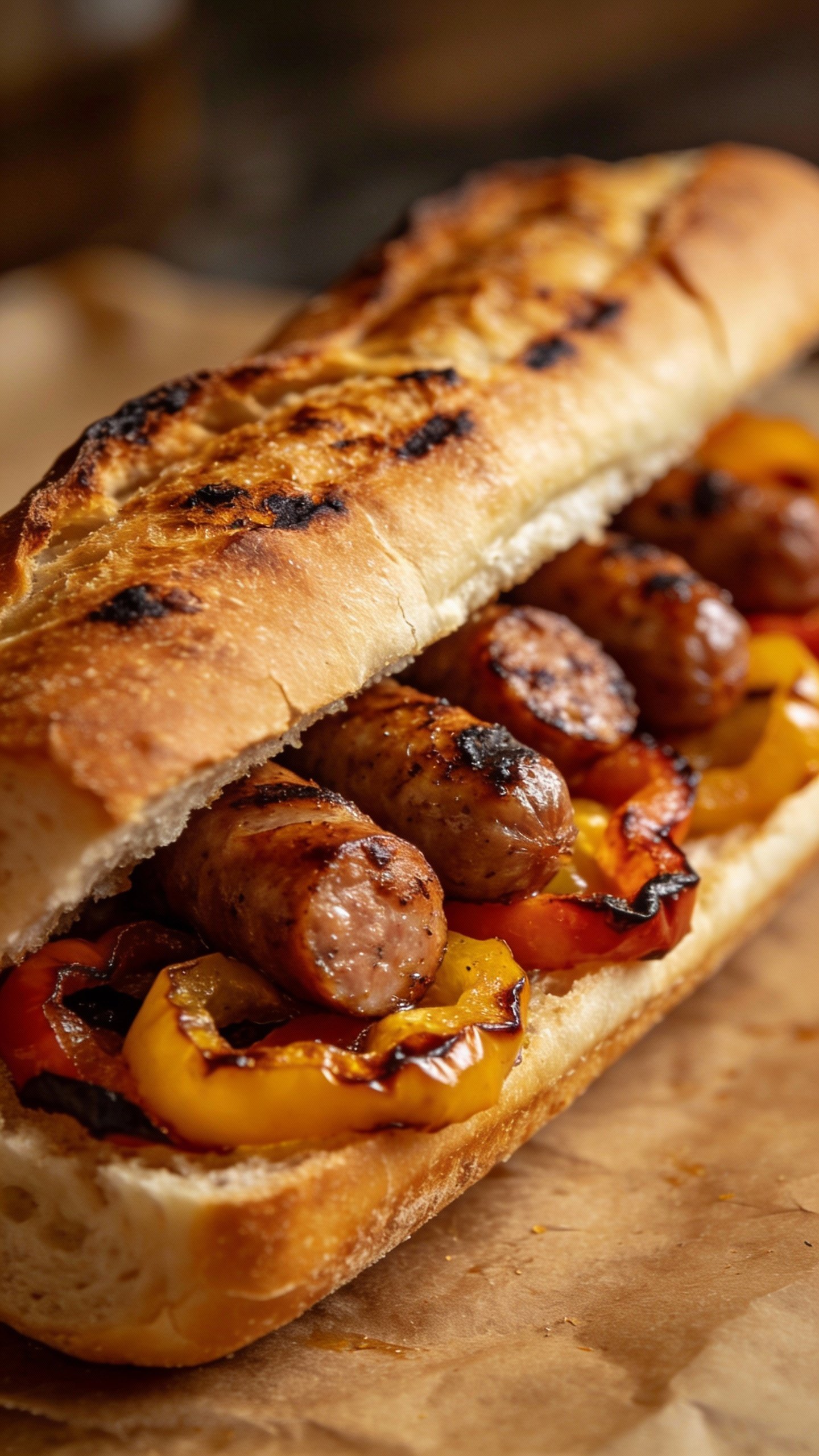 toasted hoagie filled with sausage and peppers, tight side view