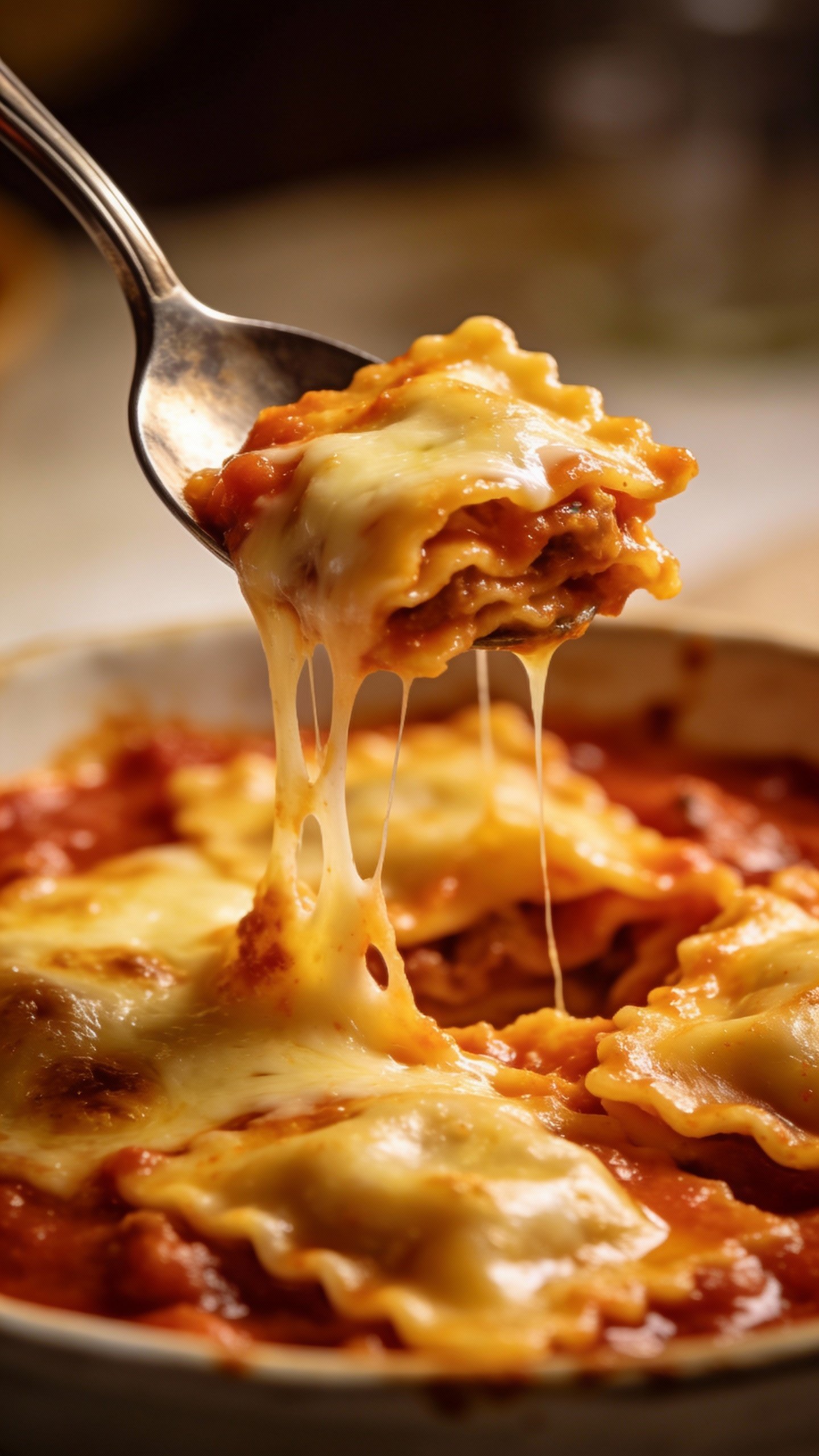 spoon lifting saucy cheese-stretched ravioli lasagna bite