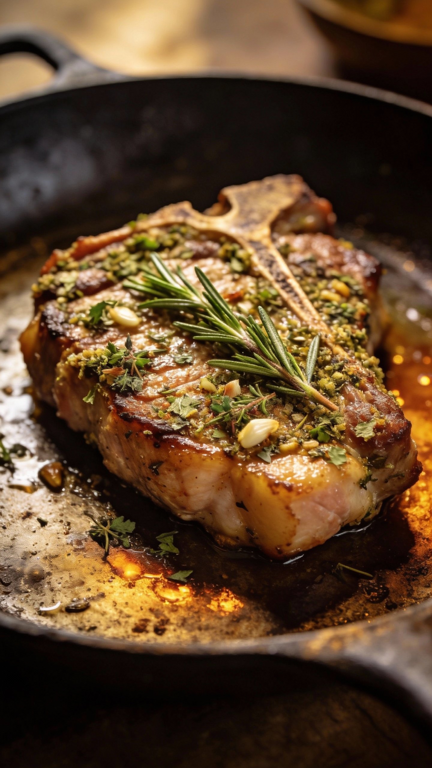 closeup Tuscan herb-crusted pork chop on cast-iron skillet