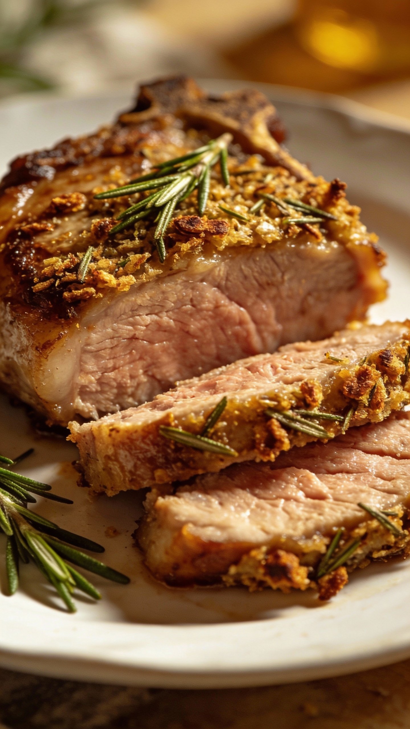 sliced juicy pork chop with rosemary crust on white plate