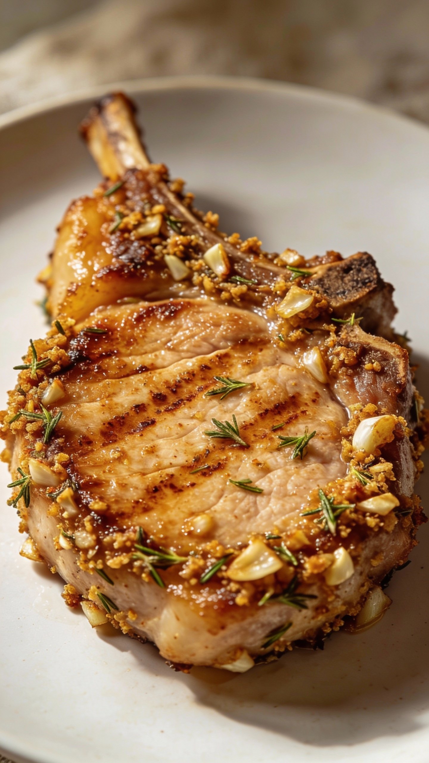 golden-seared pork chop topped with garlic-thyme crust