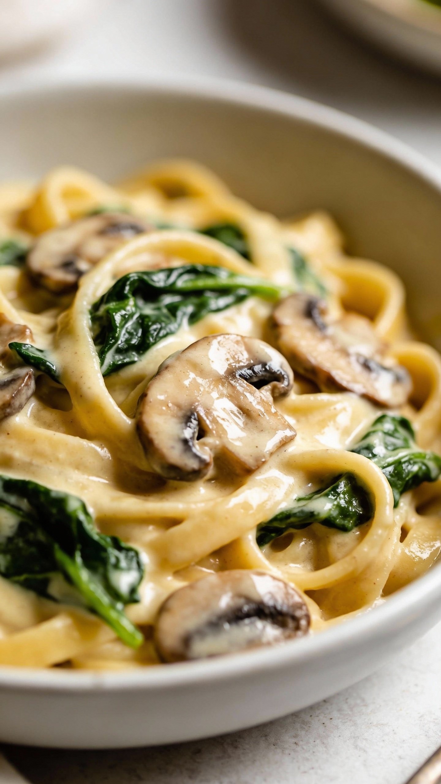 closeup bowl of creamy spinach mushroom pasta, shallow depth