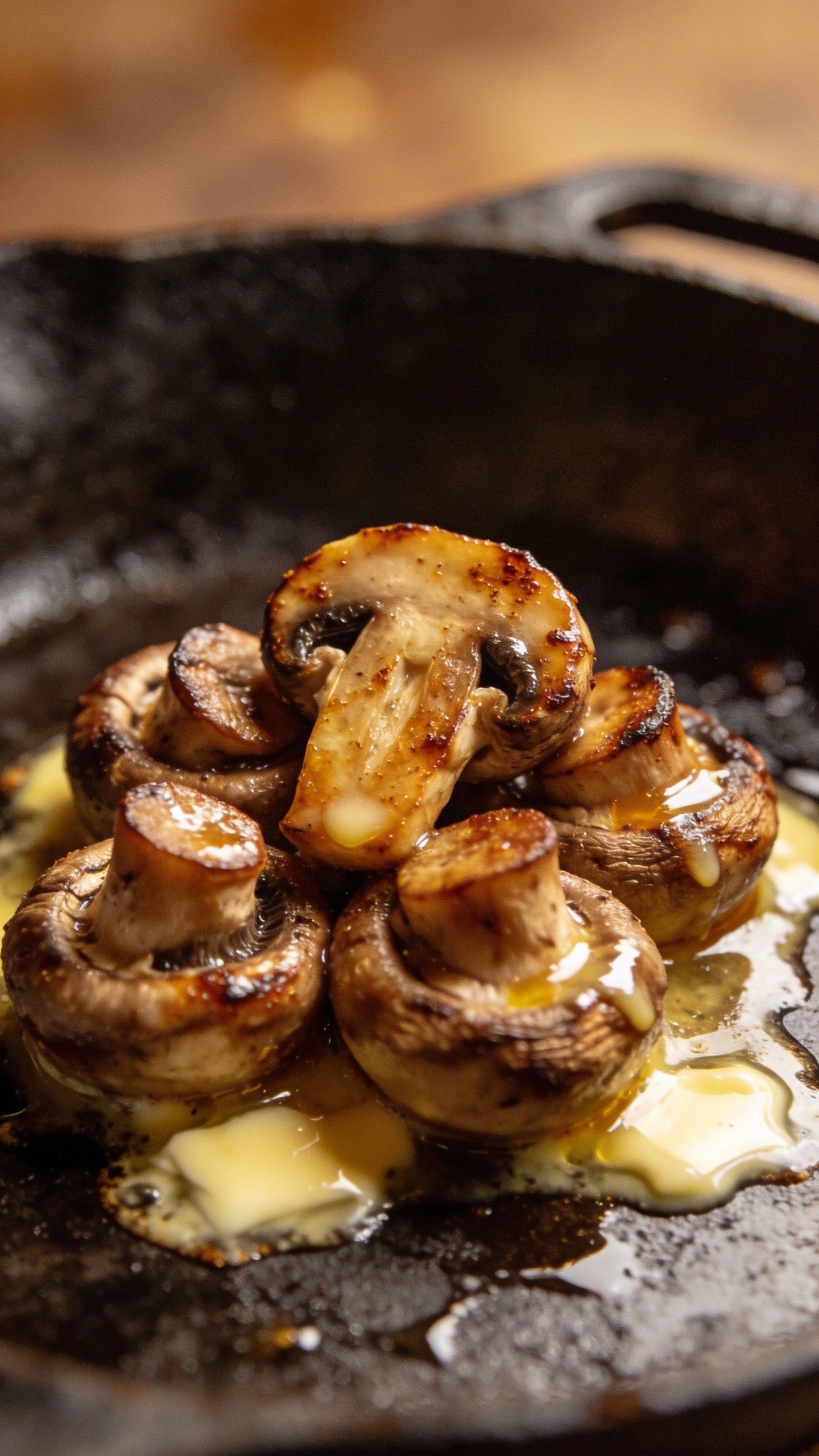 seared cremini mushrooms in skillet with garlic butter glaze