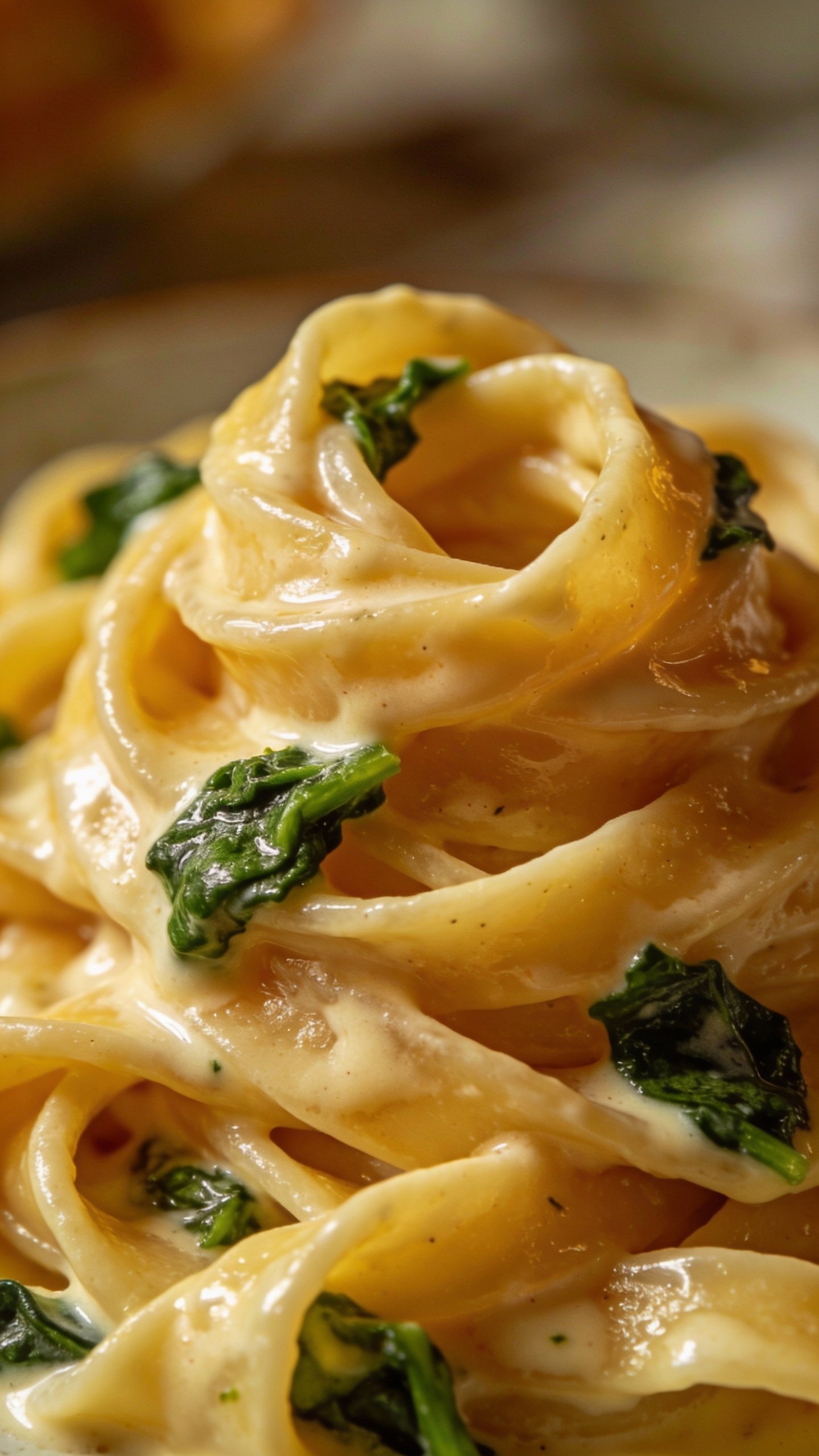 twirled fettuccine coated in cream sauce, wilted spinach flecks