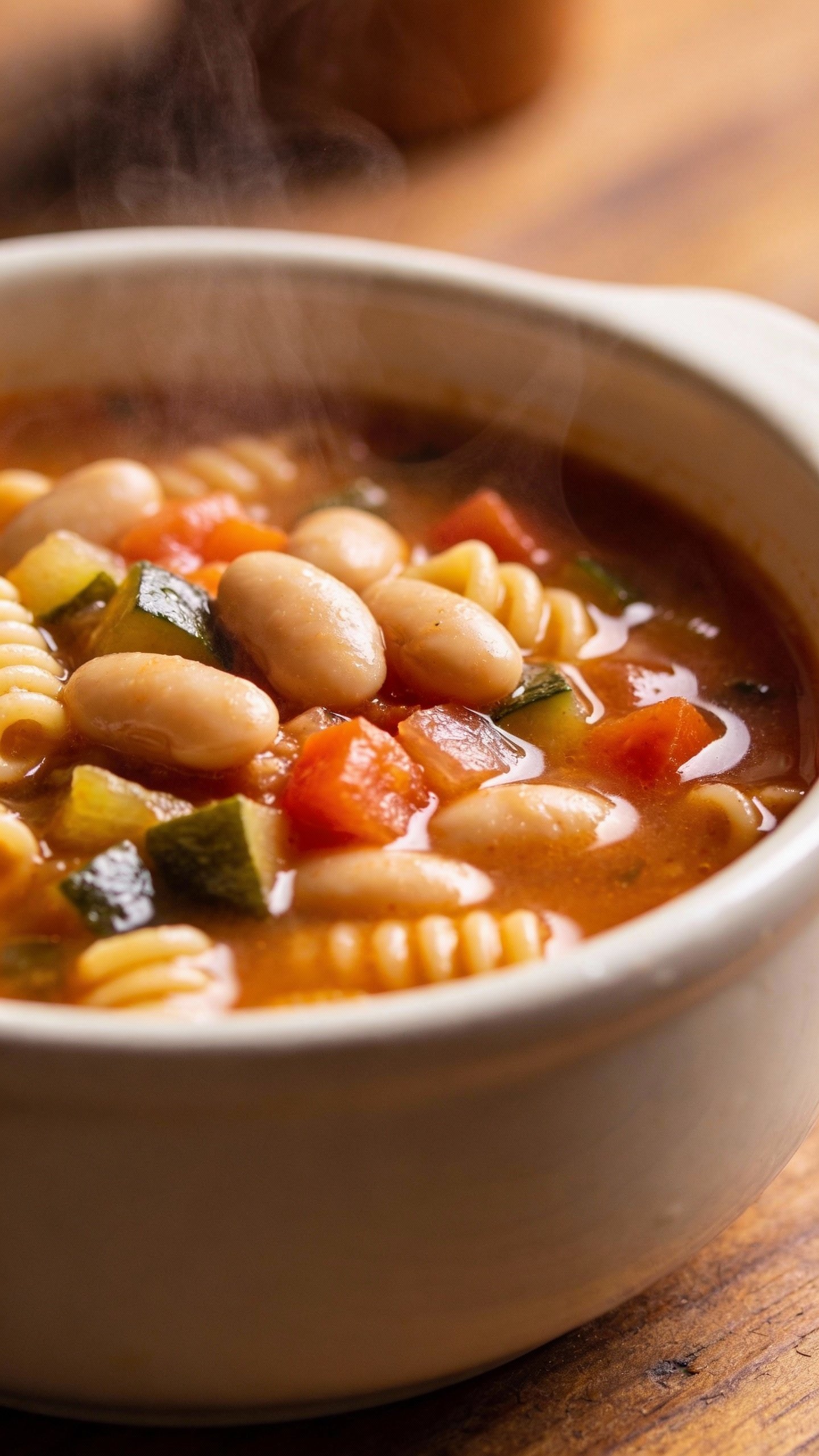 closeup bowl of minestrone with cannellini beans, steam rising