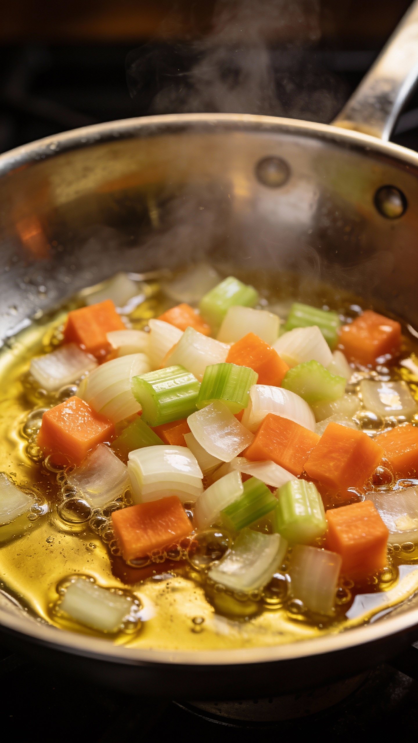 soffritto of diced onion carrot celery sizzling in olive oil