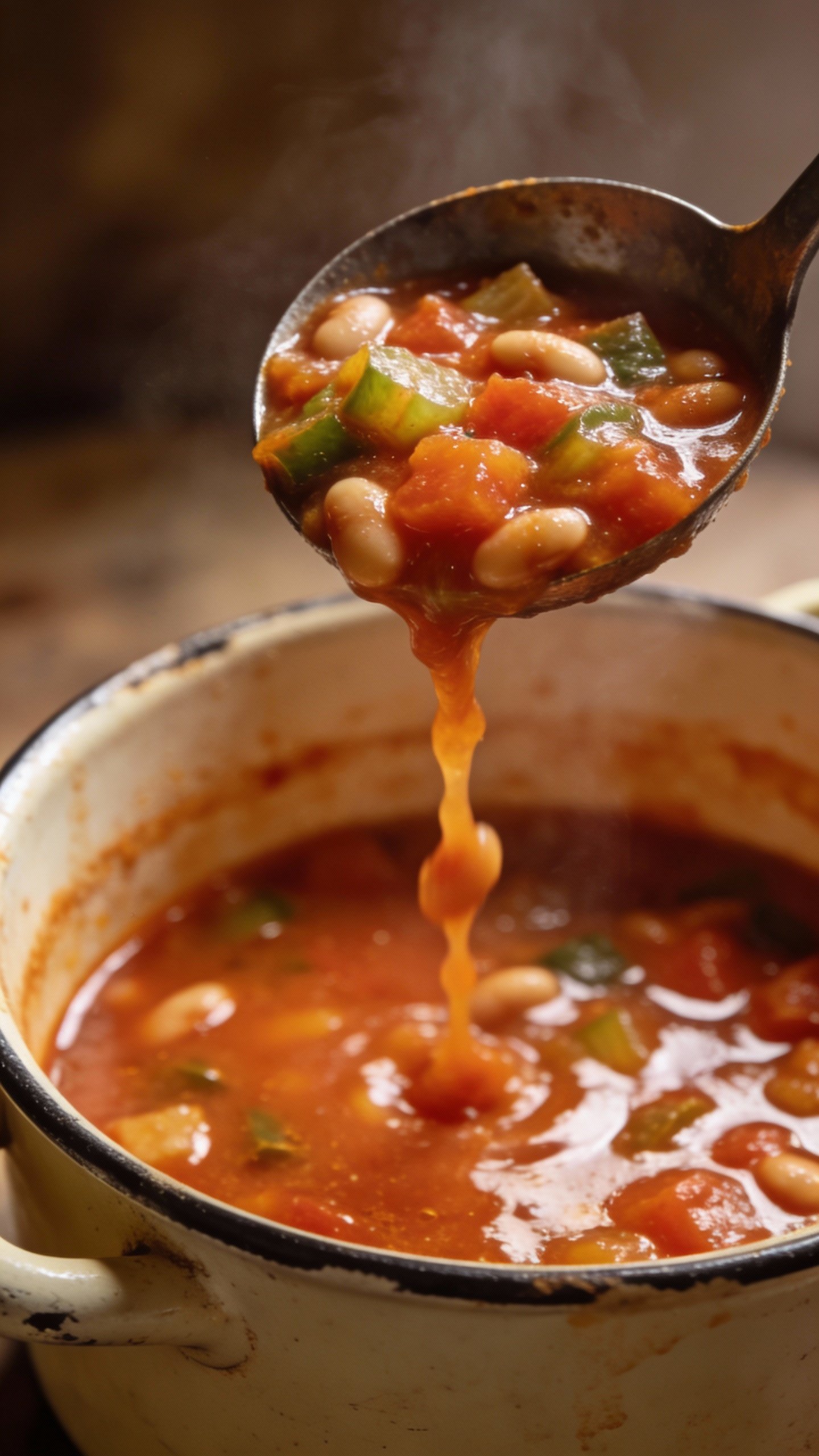 ladle lifting chunky minestrone from enamel pot, tomato broth