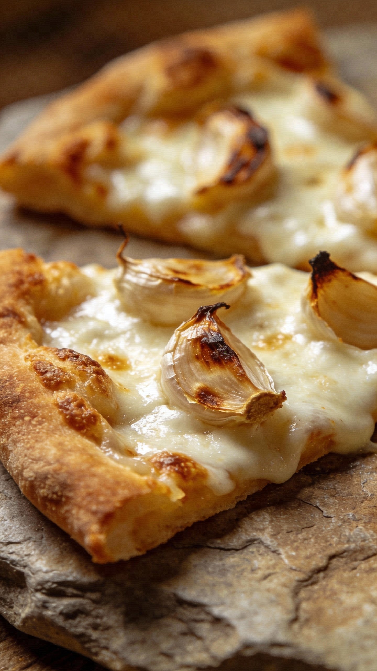 closeup slice of roasted garlic white pizza on stone