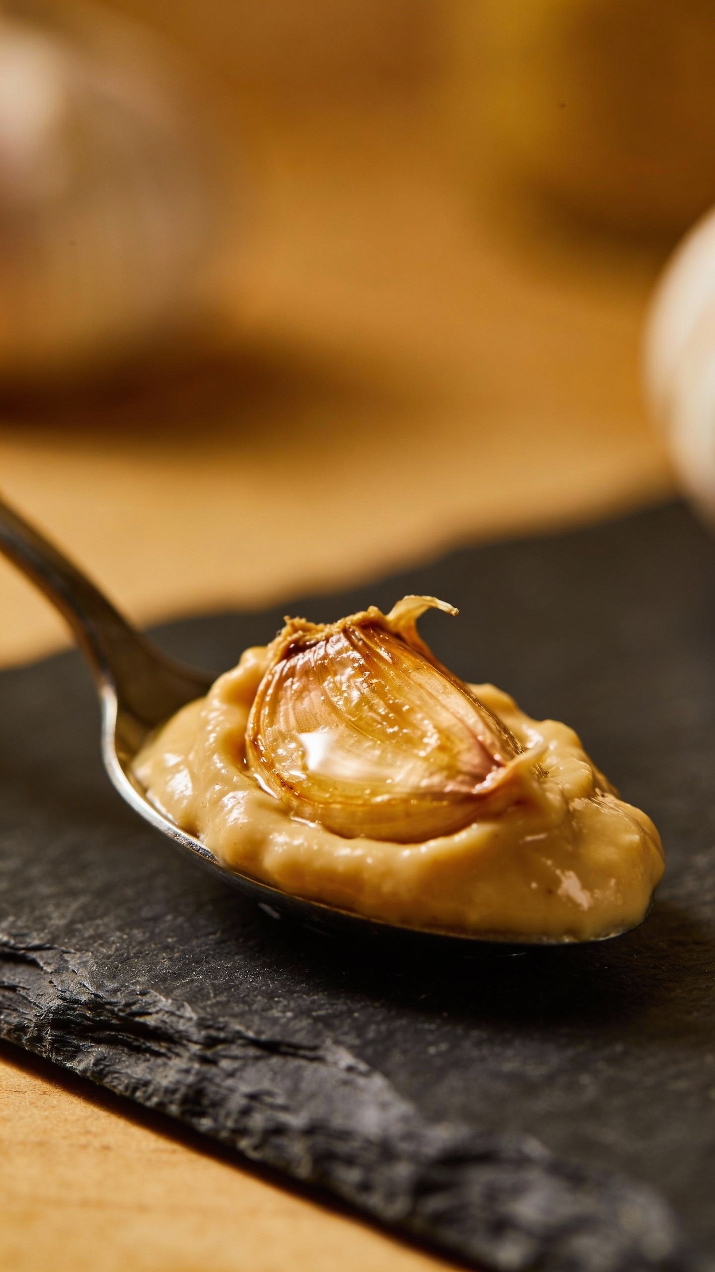 spoonful of roasted garlic paste on dark slate