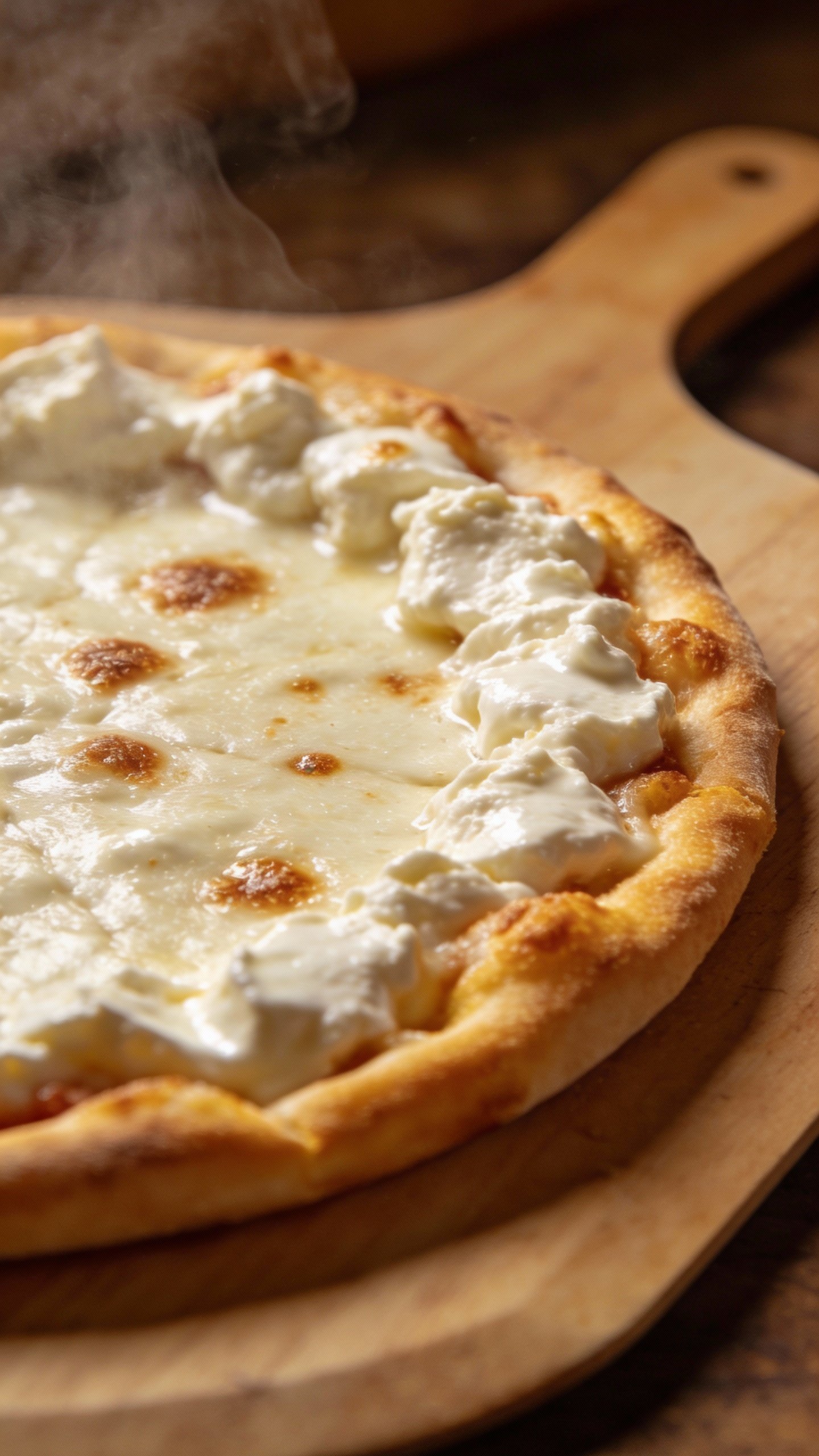 bubbling ricotta-mozzarella topping on white pizza edge
