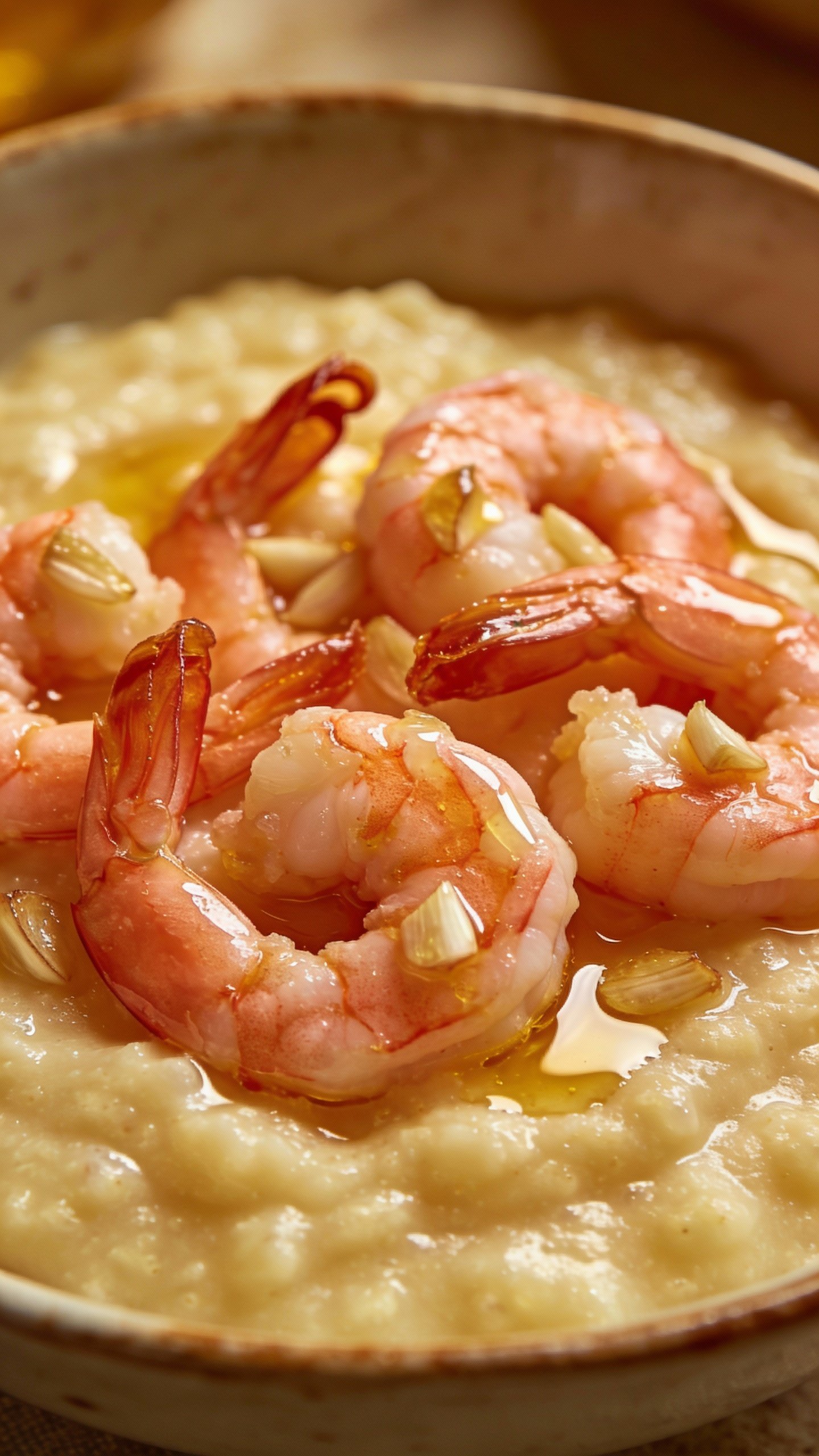 closeup bowl of creamy polenta topped with garlic butter shrimp