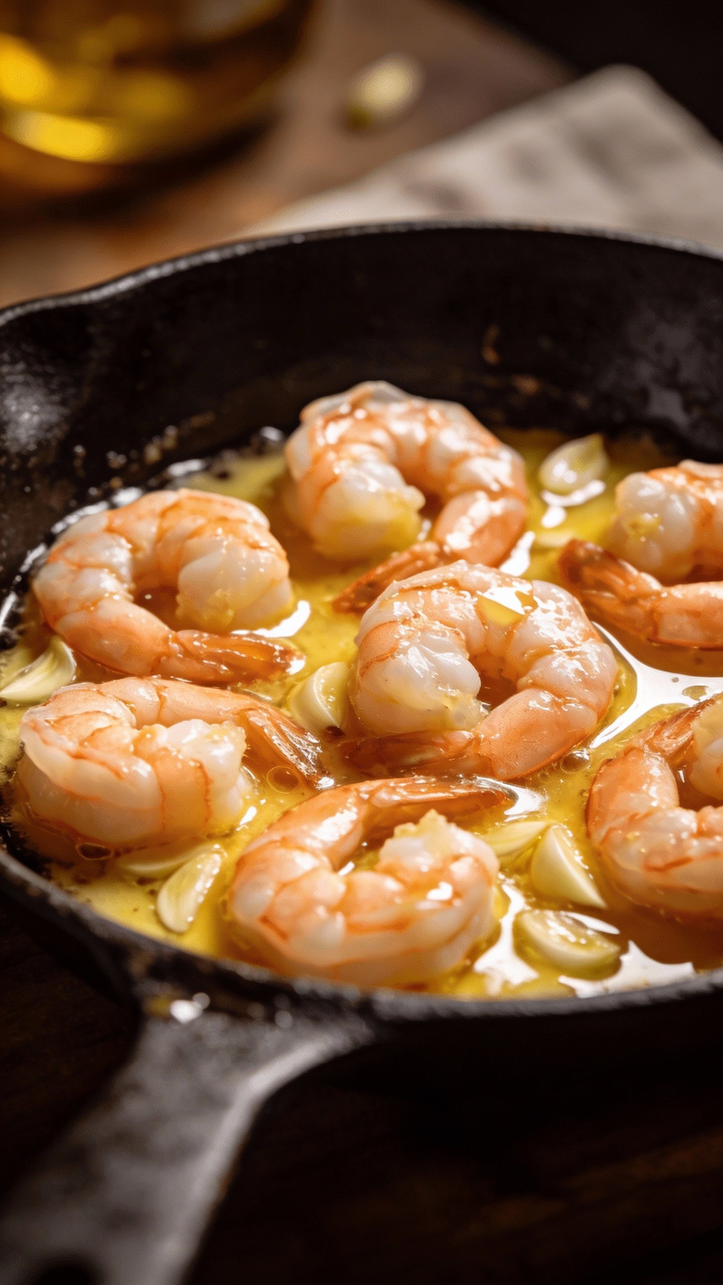 cast-iron skillet with glossy garlic butter sauce, shrimp closeup