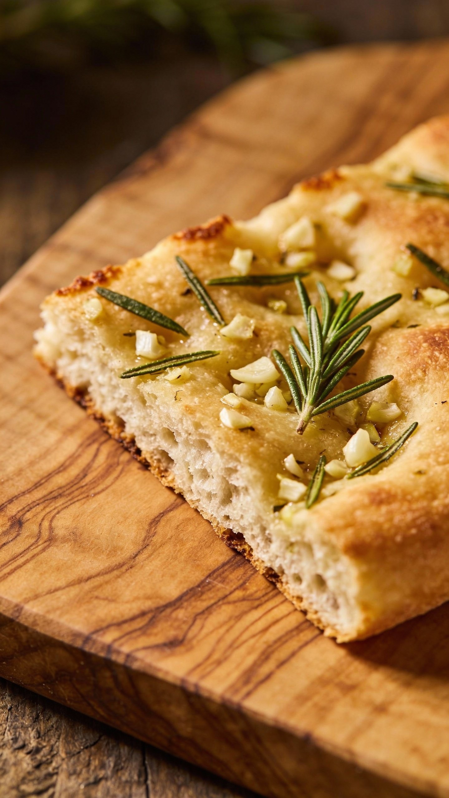 closeup garlic rosemary flatbread slice on olive wood board