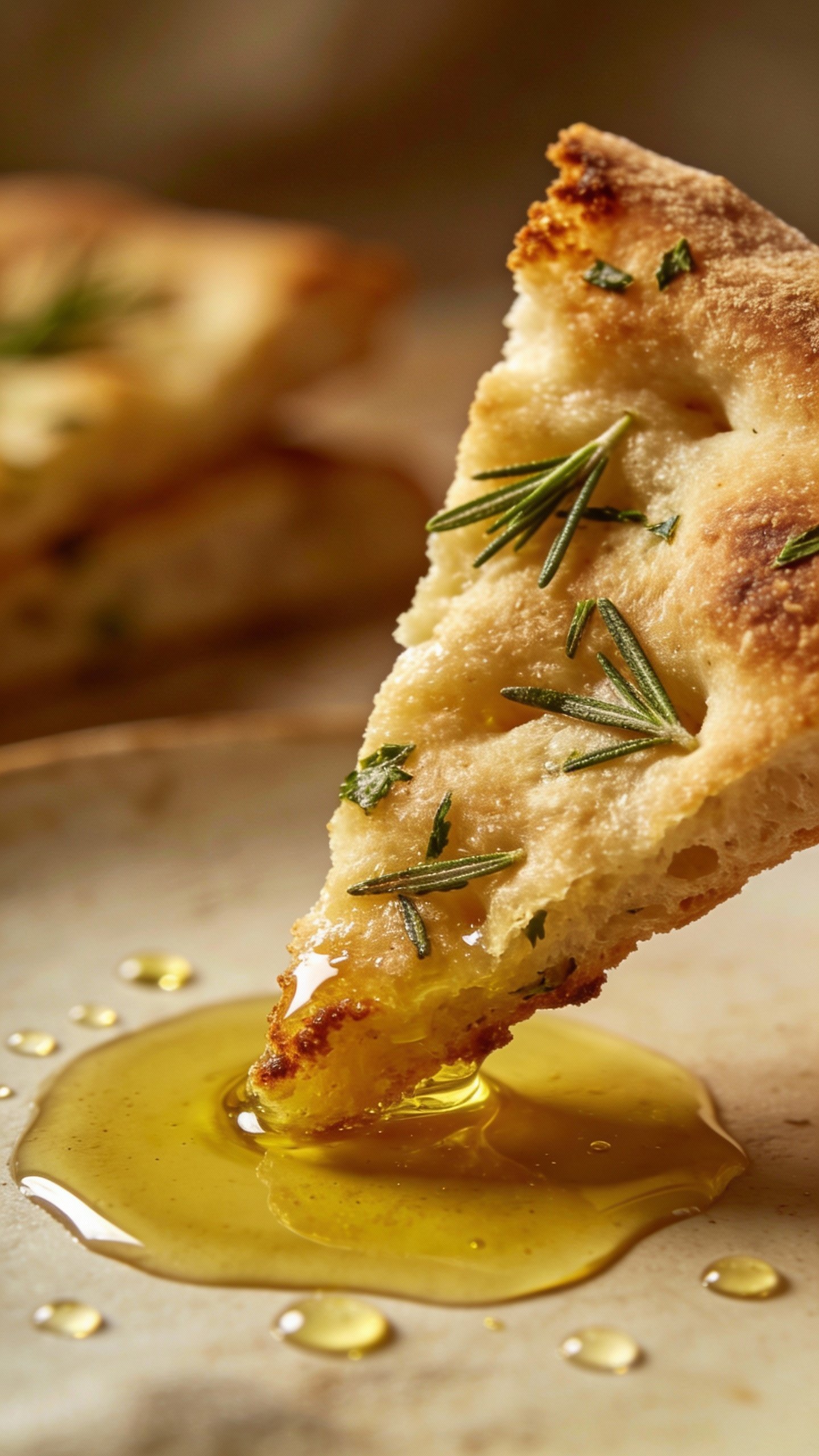 rosemary-studded flatbread wedge dipped in golden olive oil