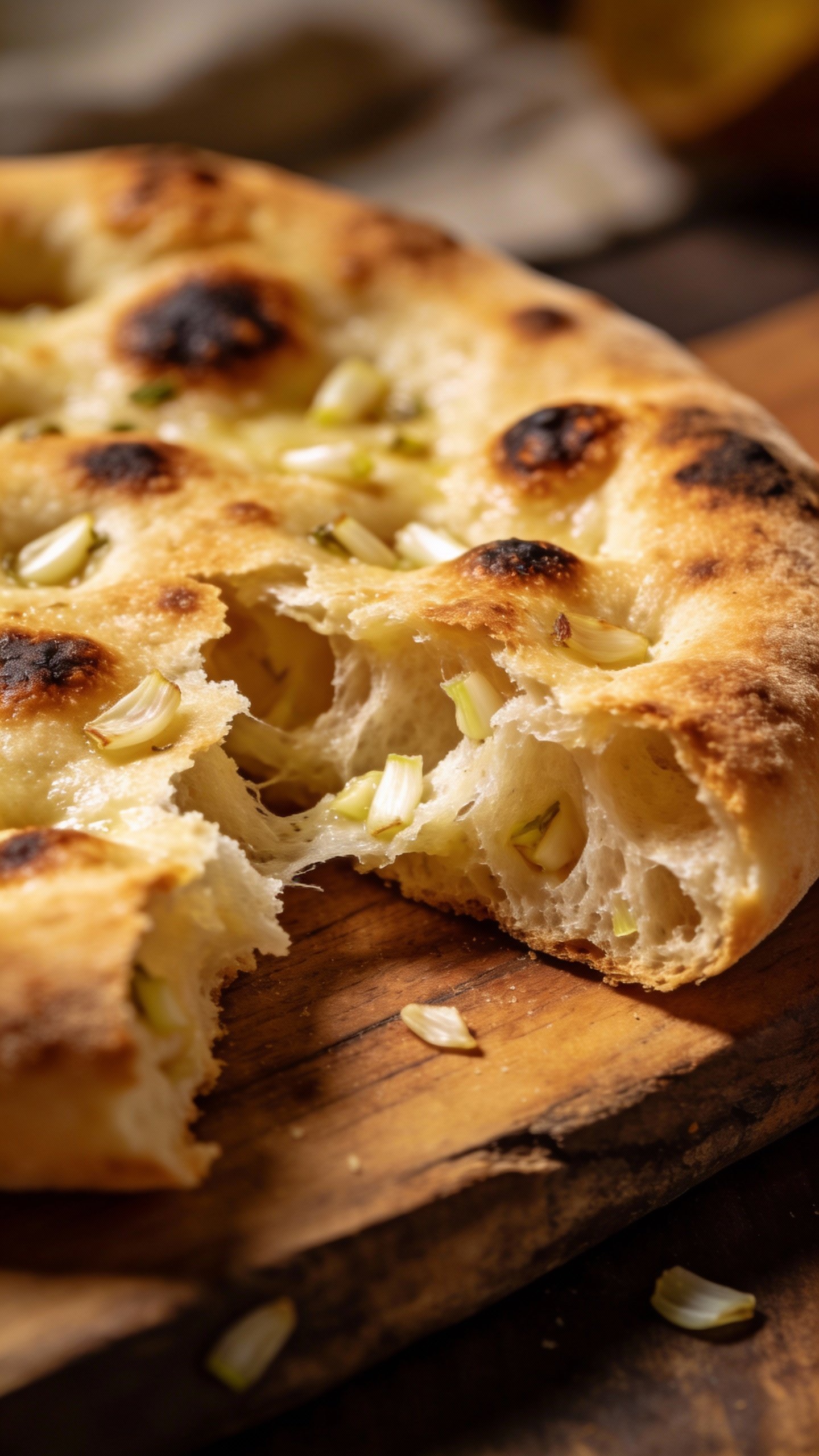 bubbly garlic flatbread torn open, showing chewy crumb