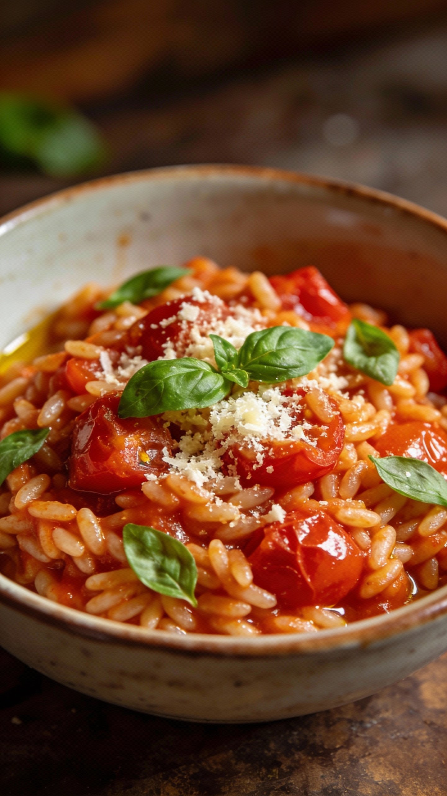 Closeup bowl of roasted tomato Parmesan orzo with basil