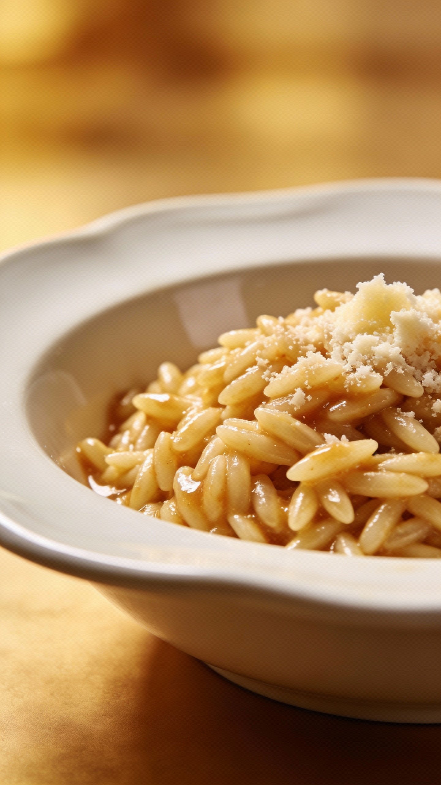 Parmesan-dusted orzo in white shallow bowl, glossy sauce