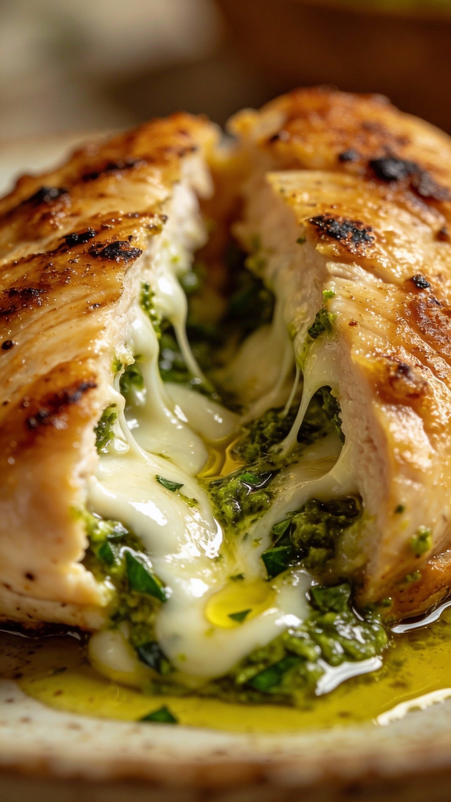 closeup stuffed chicken breast with oozing mozzarella and pesto