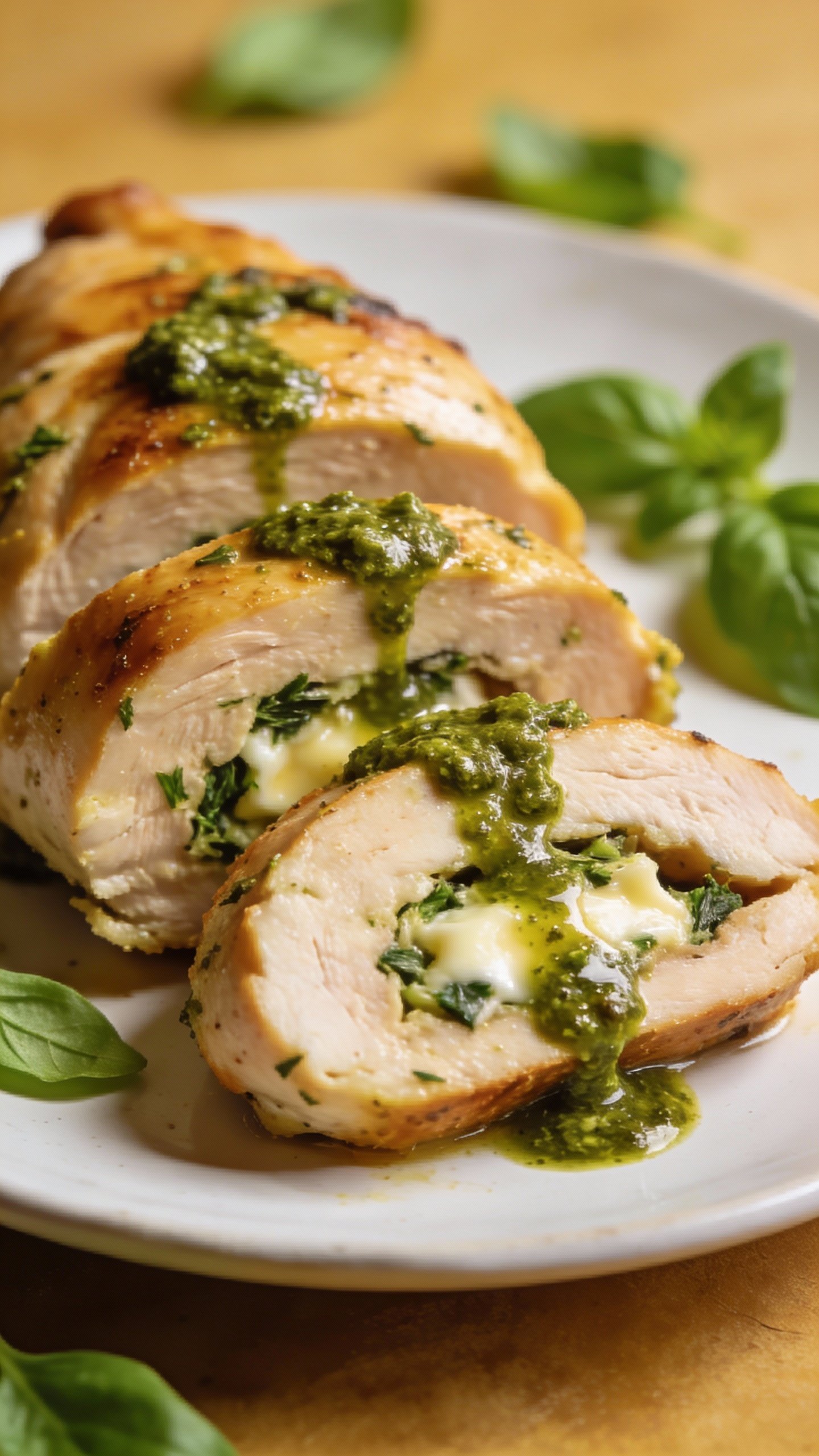sliced stuffed chicken on white plate, basil pesto dripping