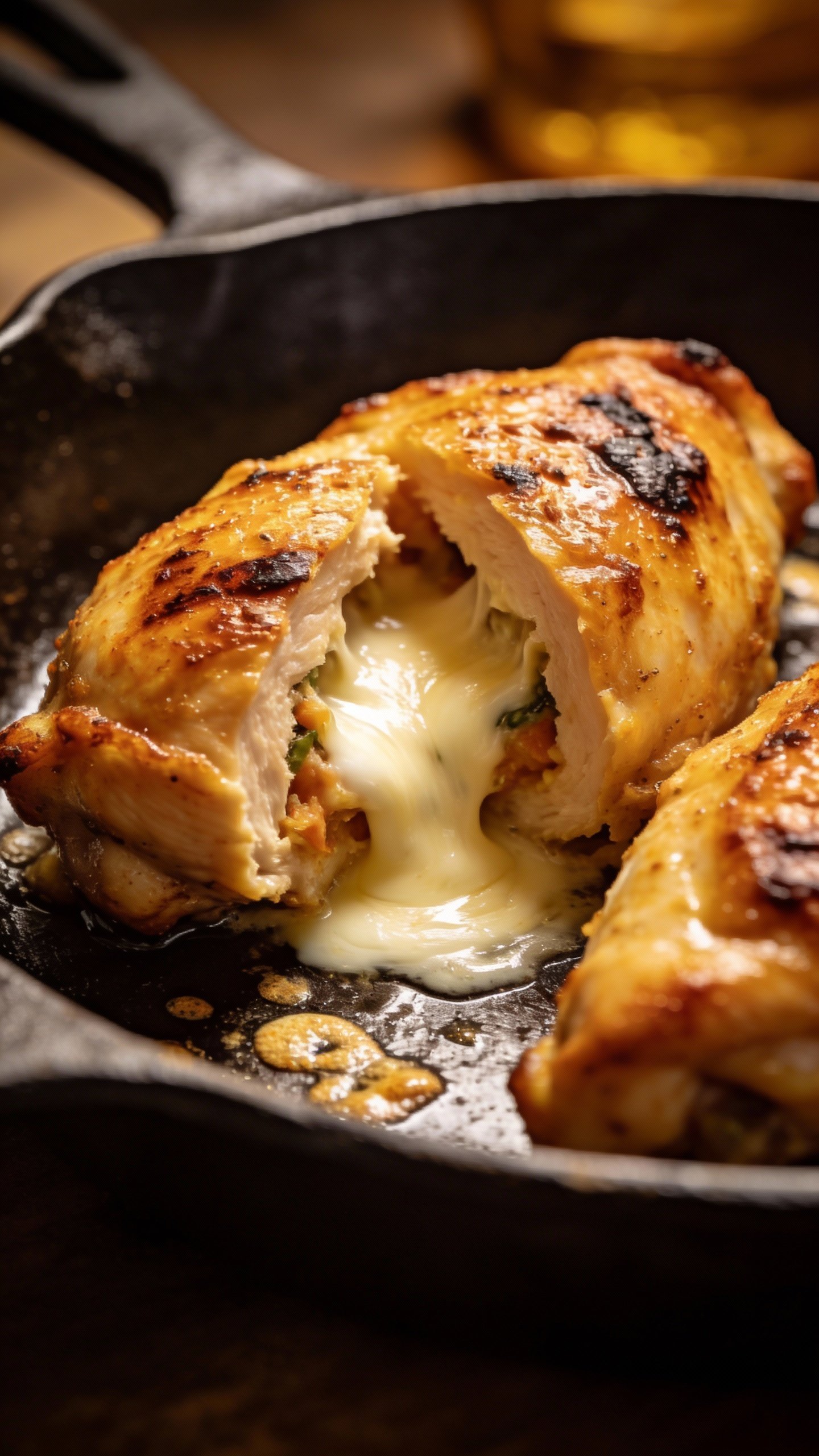 golden-browned stuffed chicken in skillet, melted mozzarella center