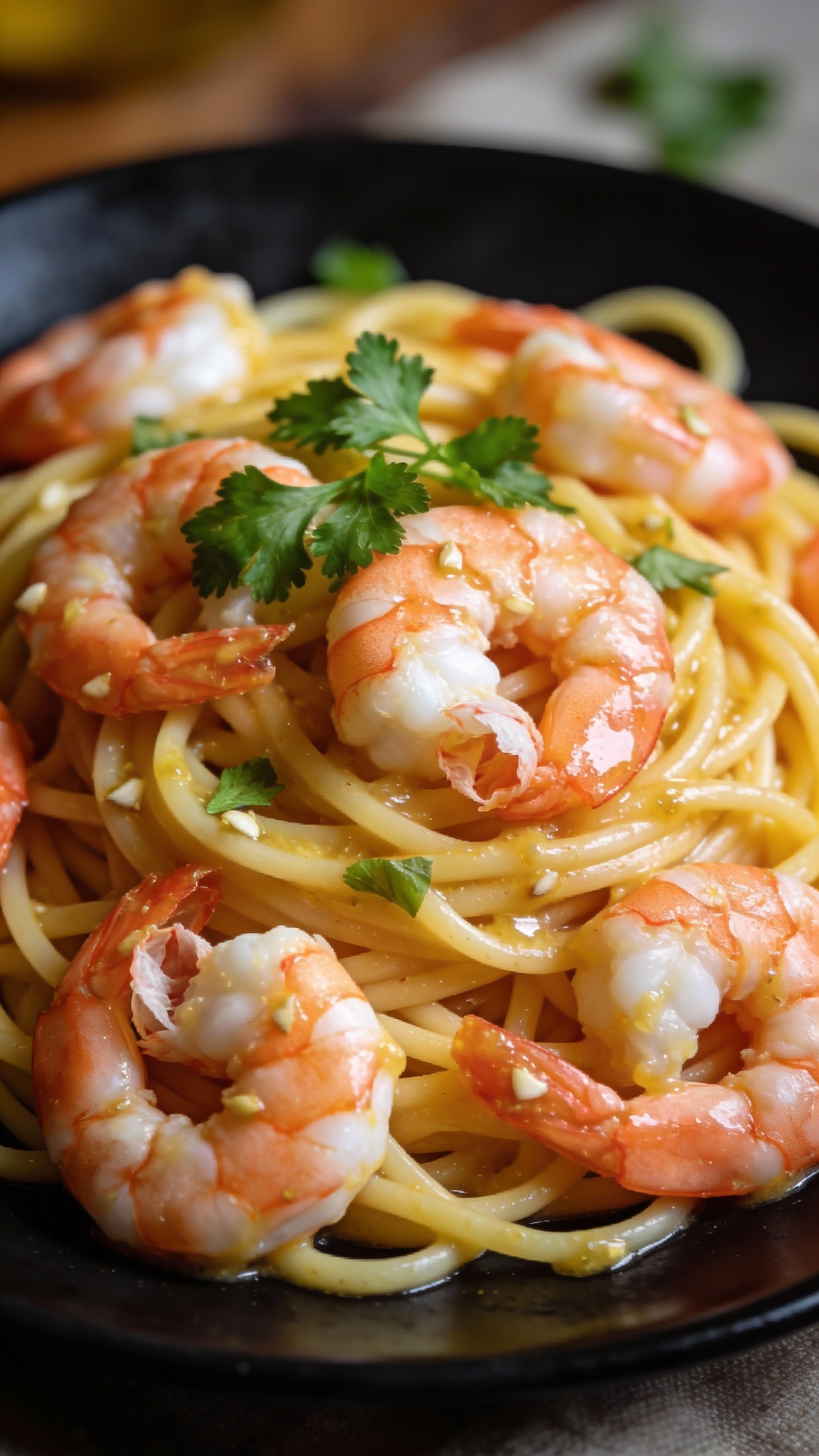 closeup of garlic butter shrimp spaghetti on matte black plate