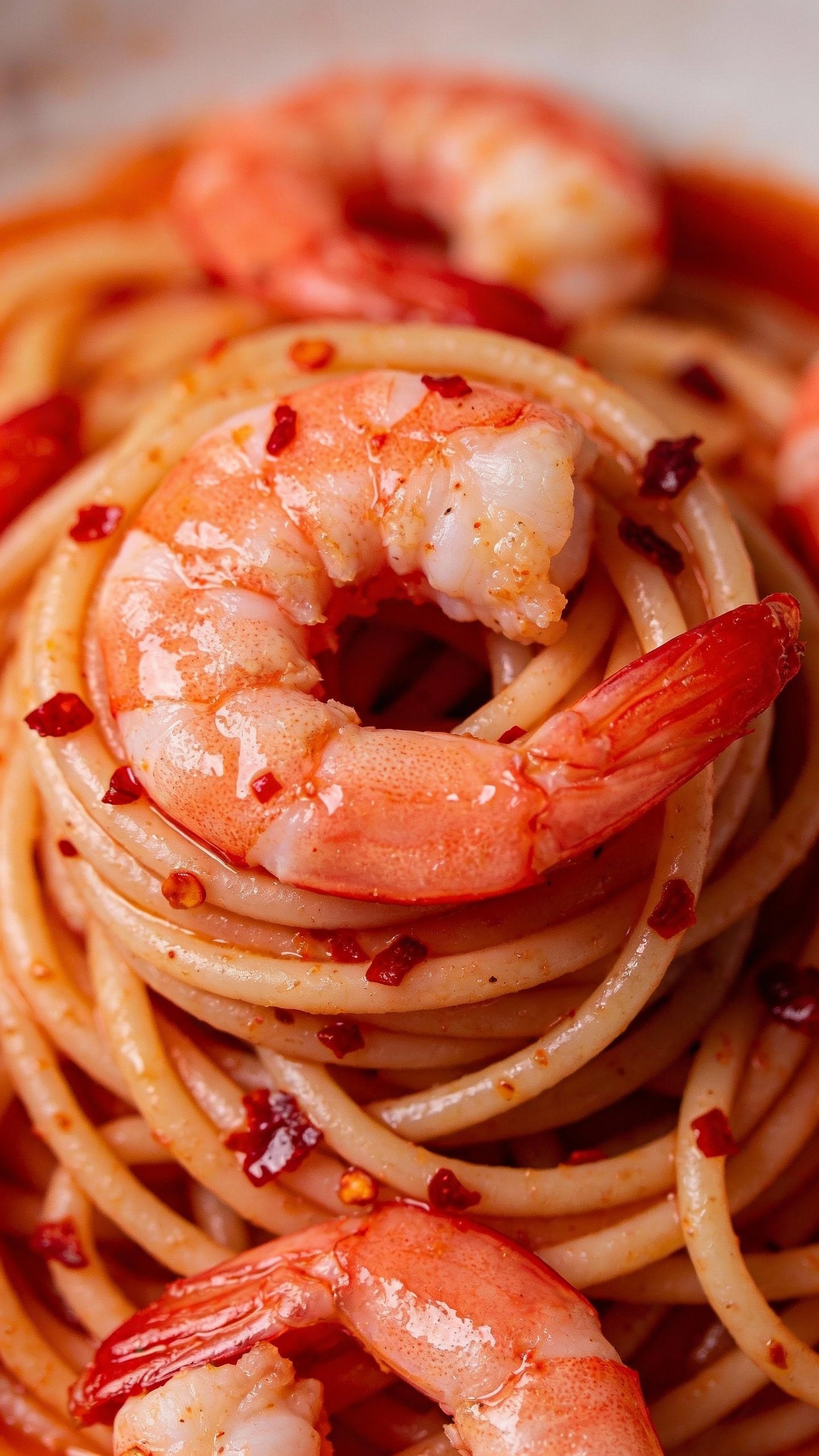 tight shot of twirled shrimp spaghetti with chili flakes