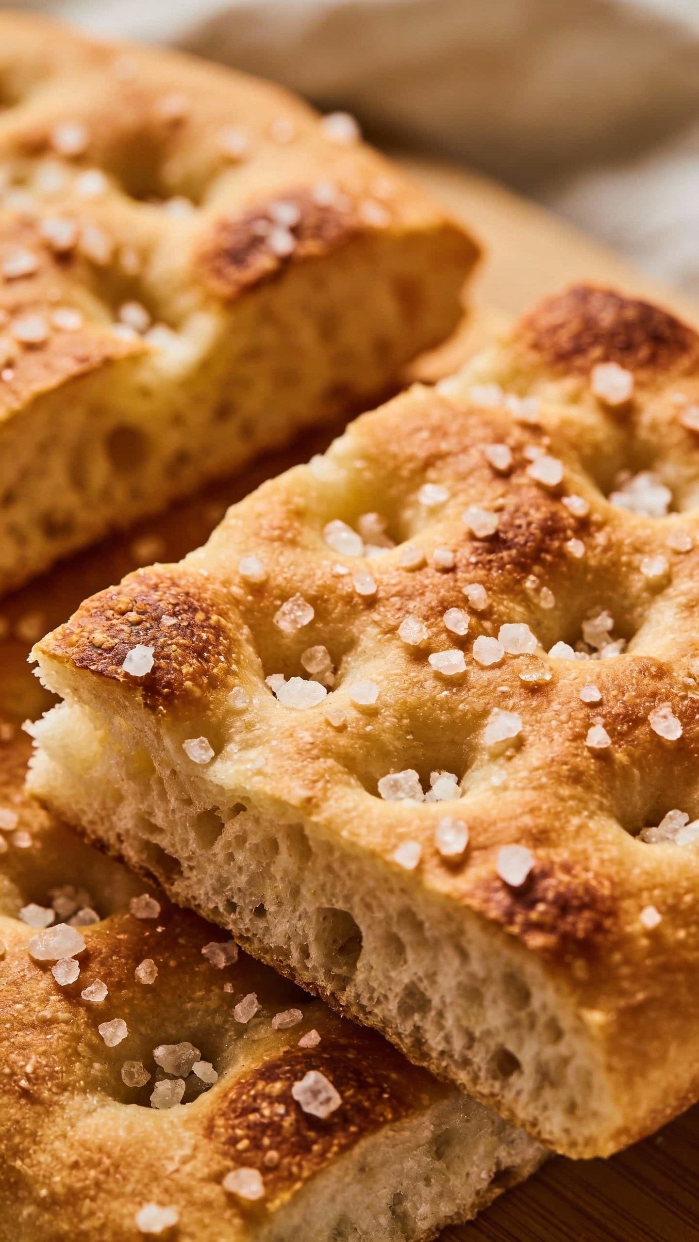 Closeup of sliced focaccia showing salted, dimpled crust