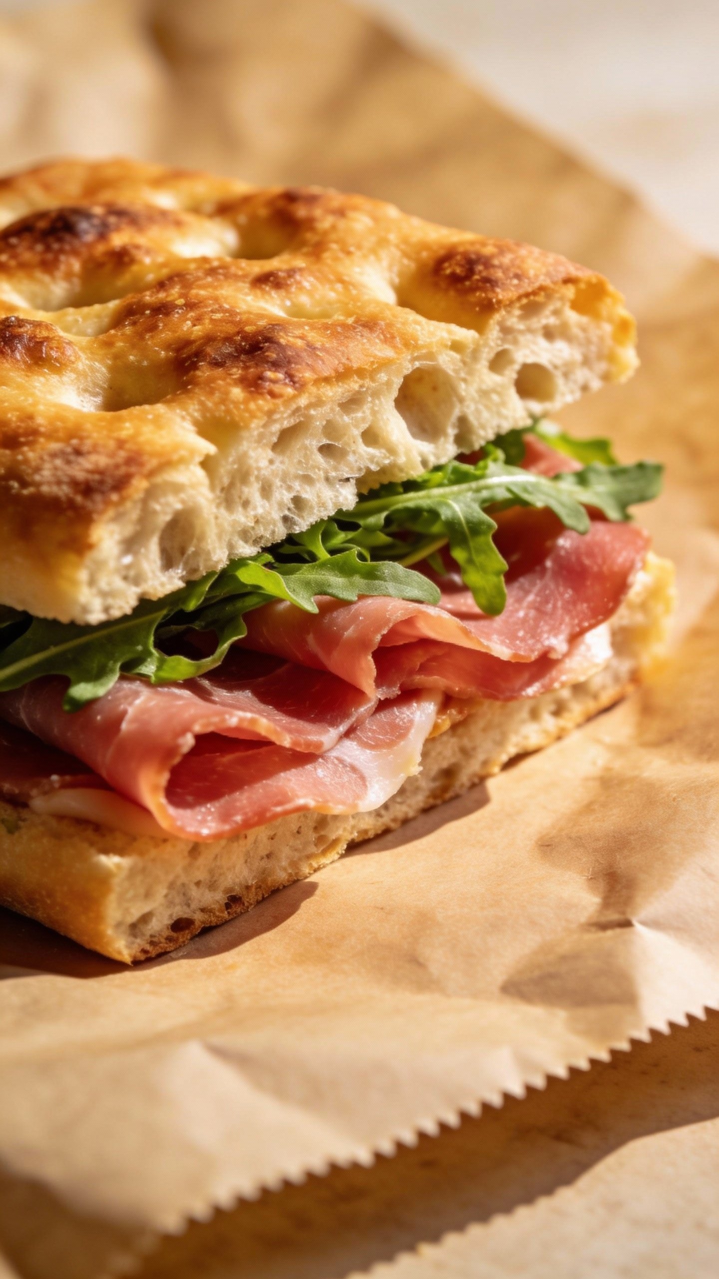 Focaccia sandwich with prosciutto and arugula on parchment