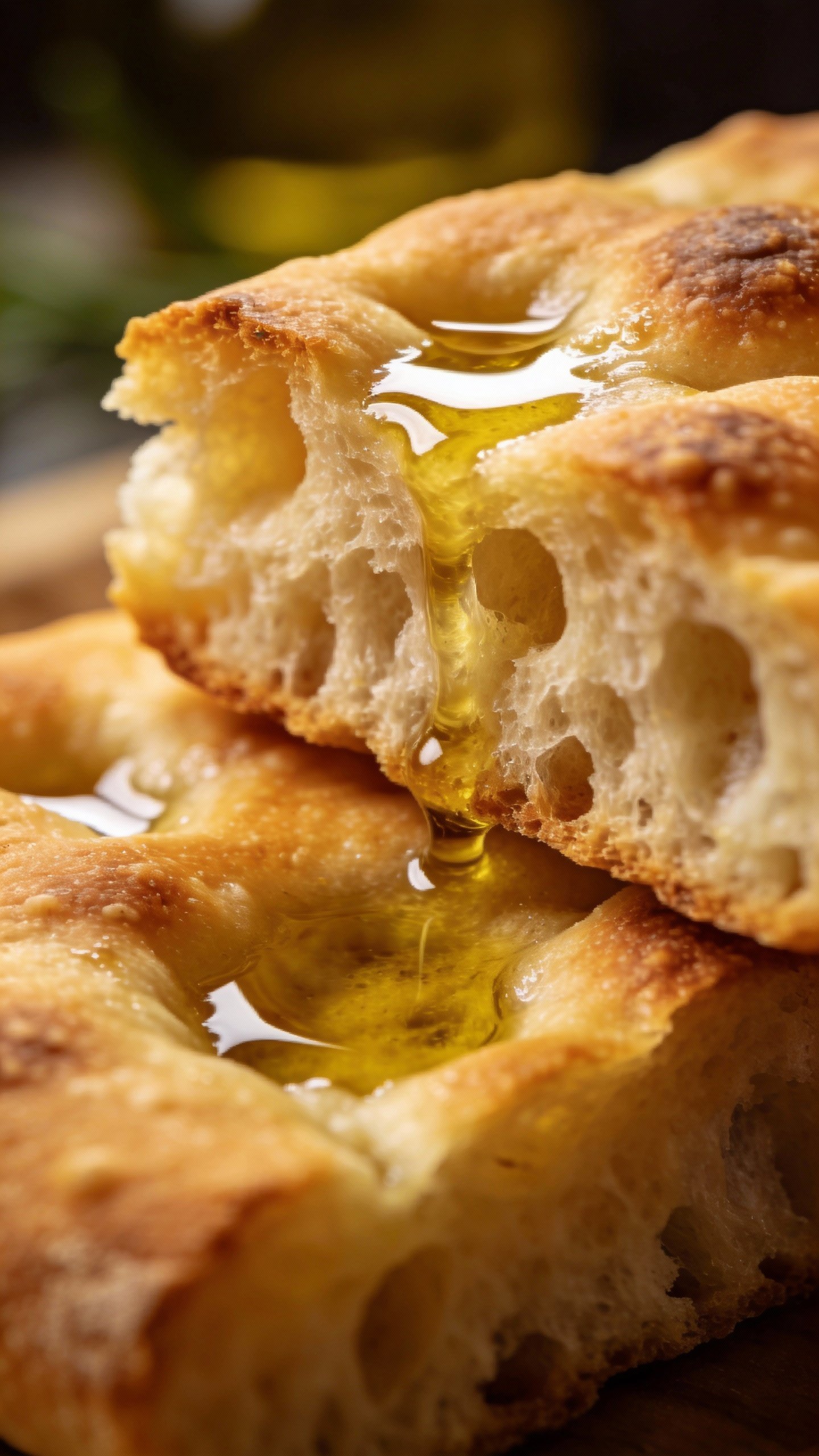 Olive-oil brushed focaccia crumb, crisp edges in focus