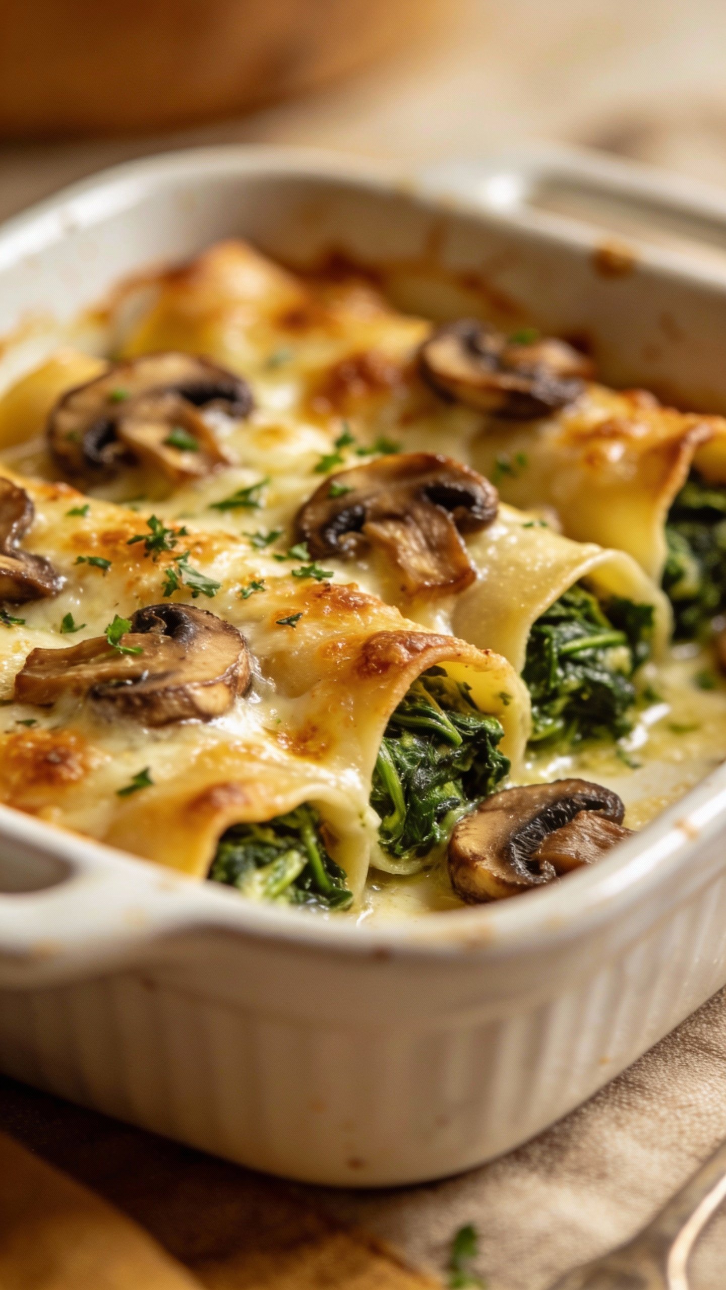 Closeup baked spinach mushroom manicotti in white ceramic dish