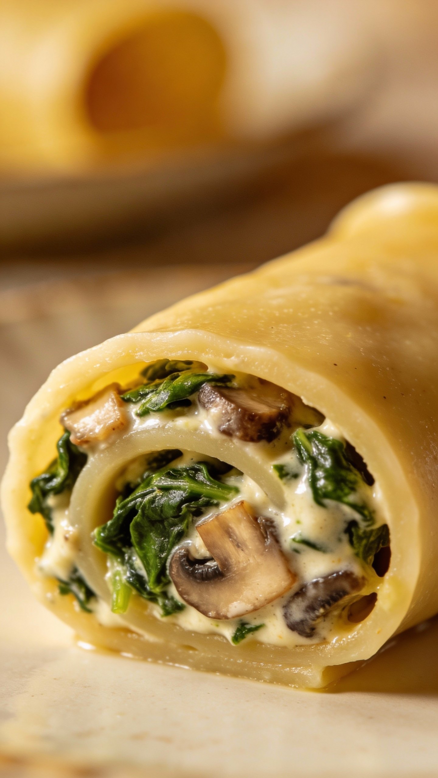 Single manicotti tube sliced open, creamy spinach-mushroom filling