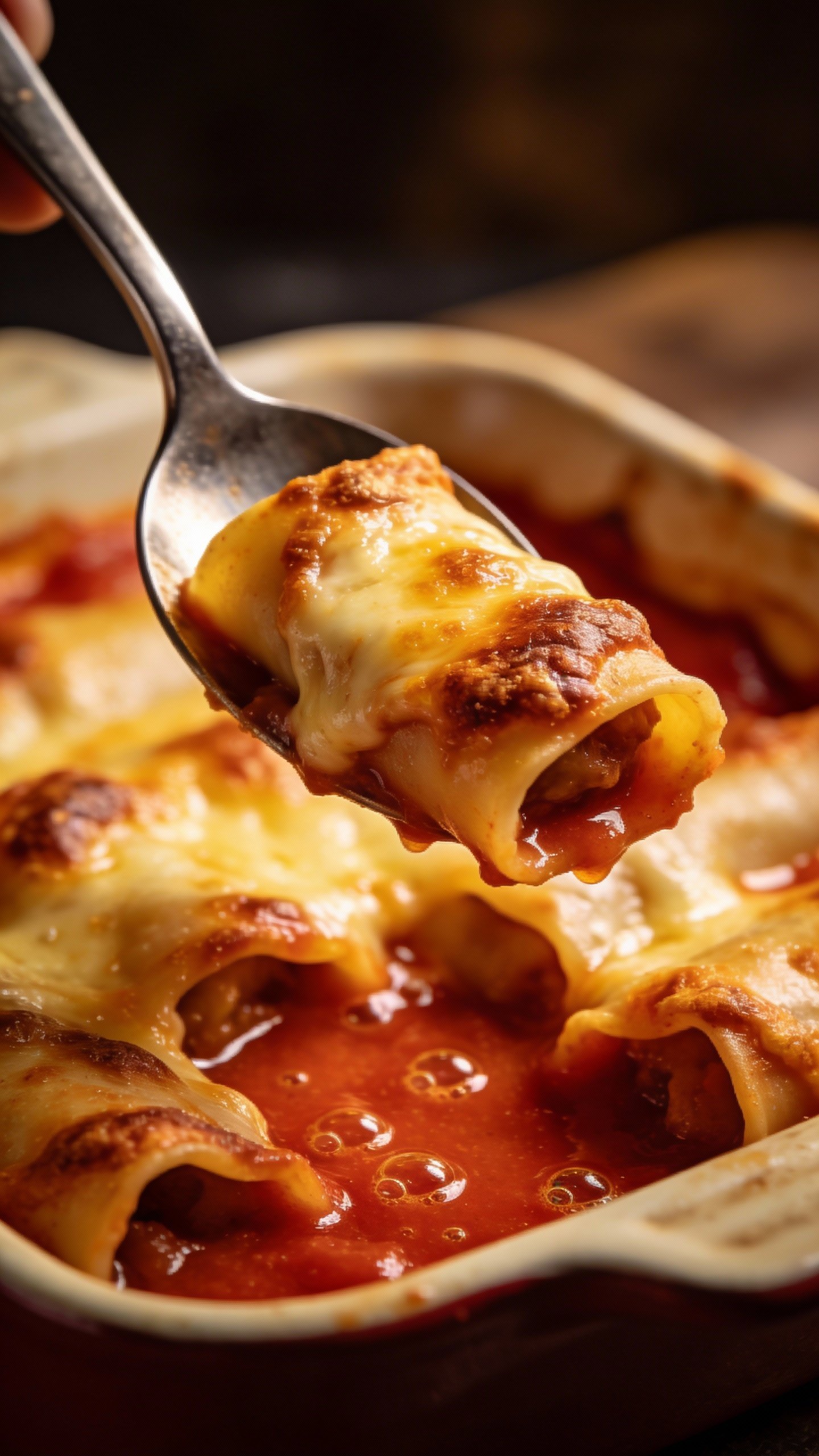 Spoon lifting cheesy browned manicotti, bubbling marinara underneath